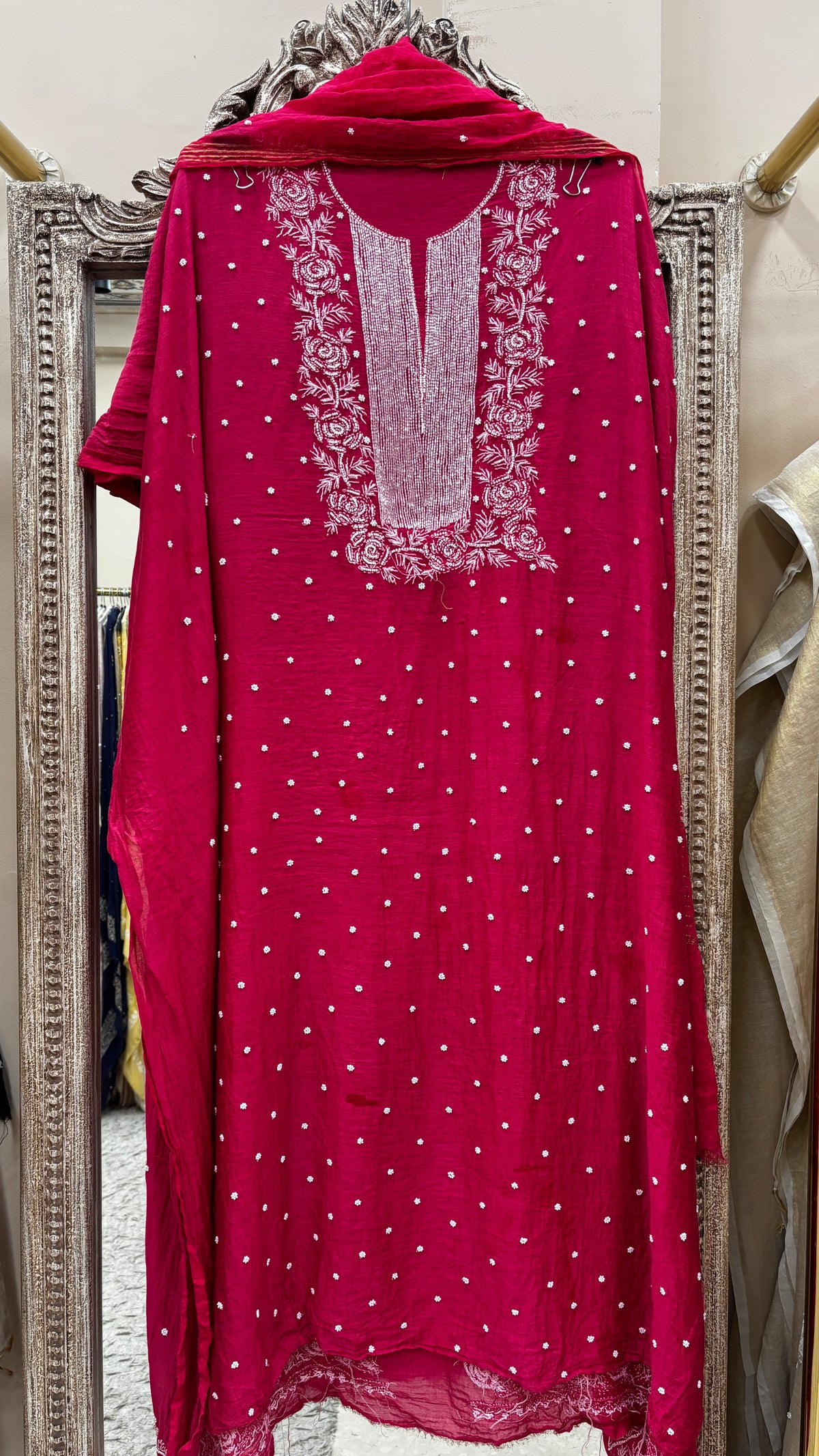 Pure Mulmul Cotton Kurta Pearl And Addon Work With Dupatta Red