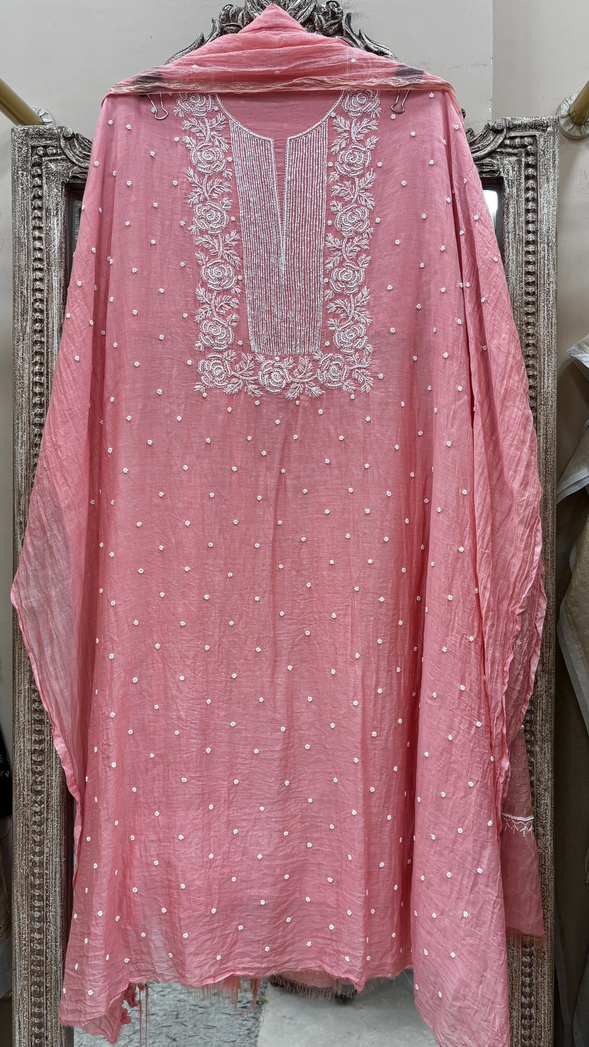 Pure Mulmul Cotton Kurta Pearl And Addon Work With Dupatta Peach