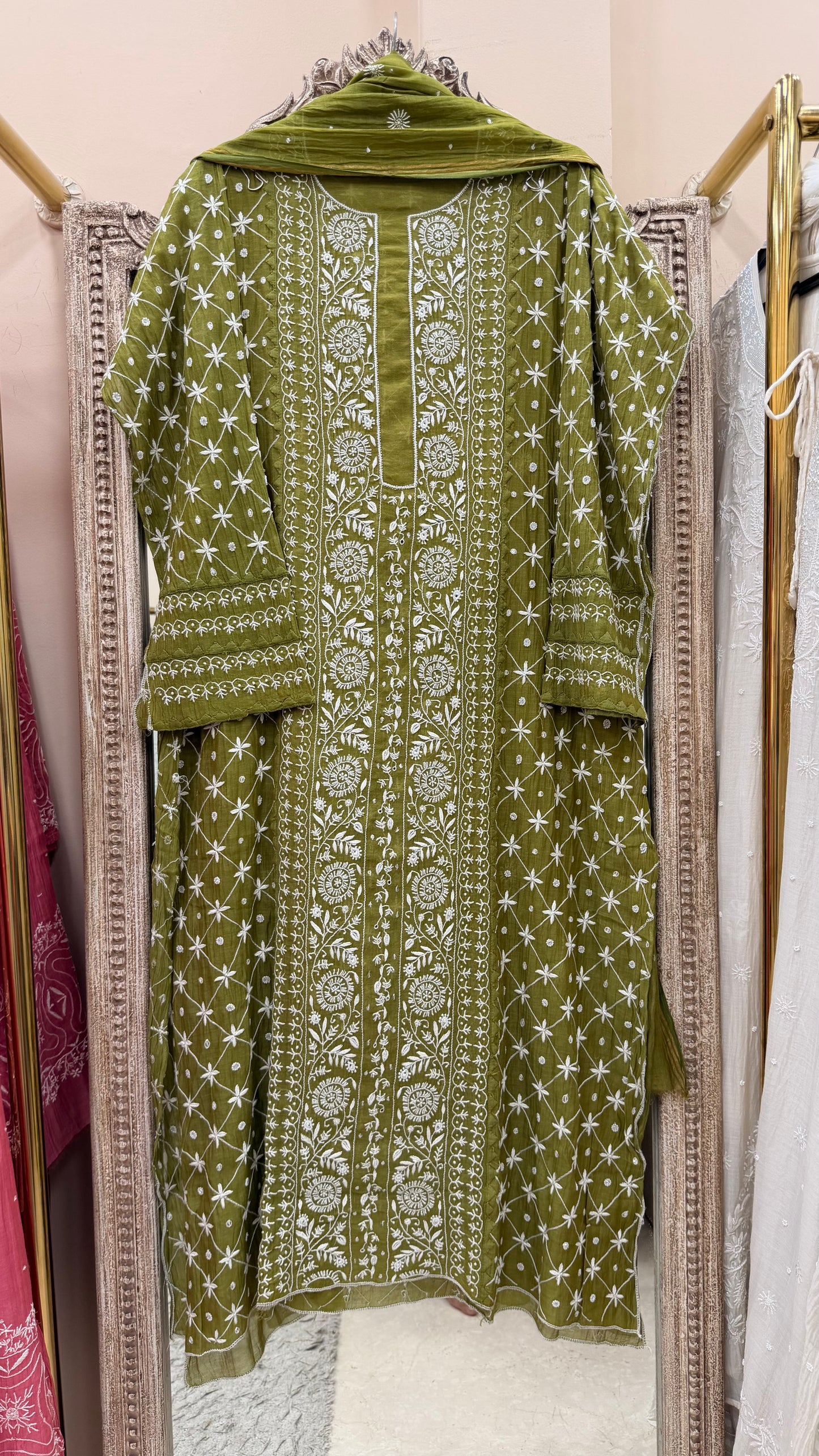 Pure Mulmul Cotton Heavy Front Jaal Kurta Dupatta Green