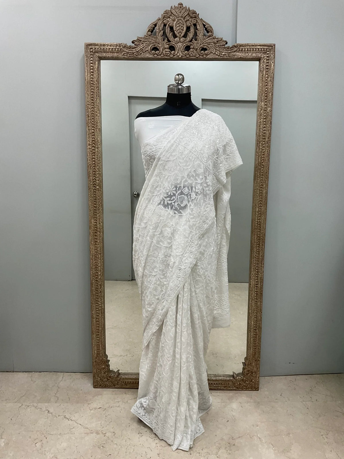 Pure Georgette Saree full jaal with Heavy Cutdana, Pearl and Heavy Sequence White 01
