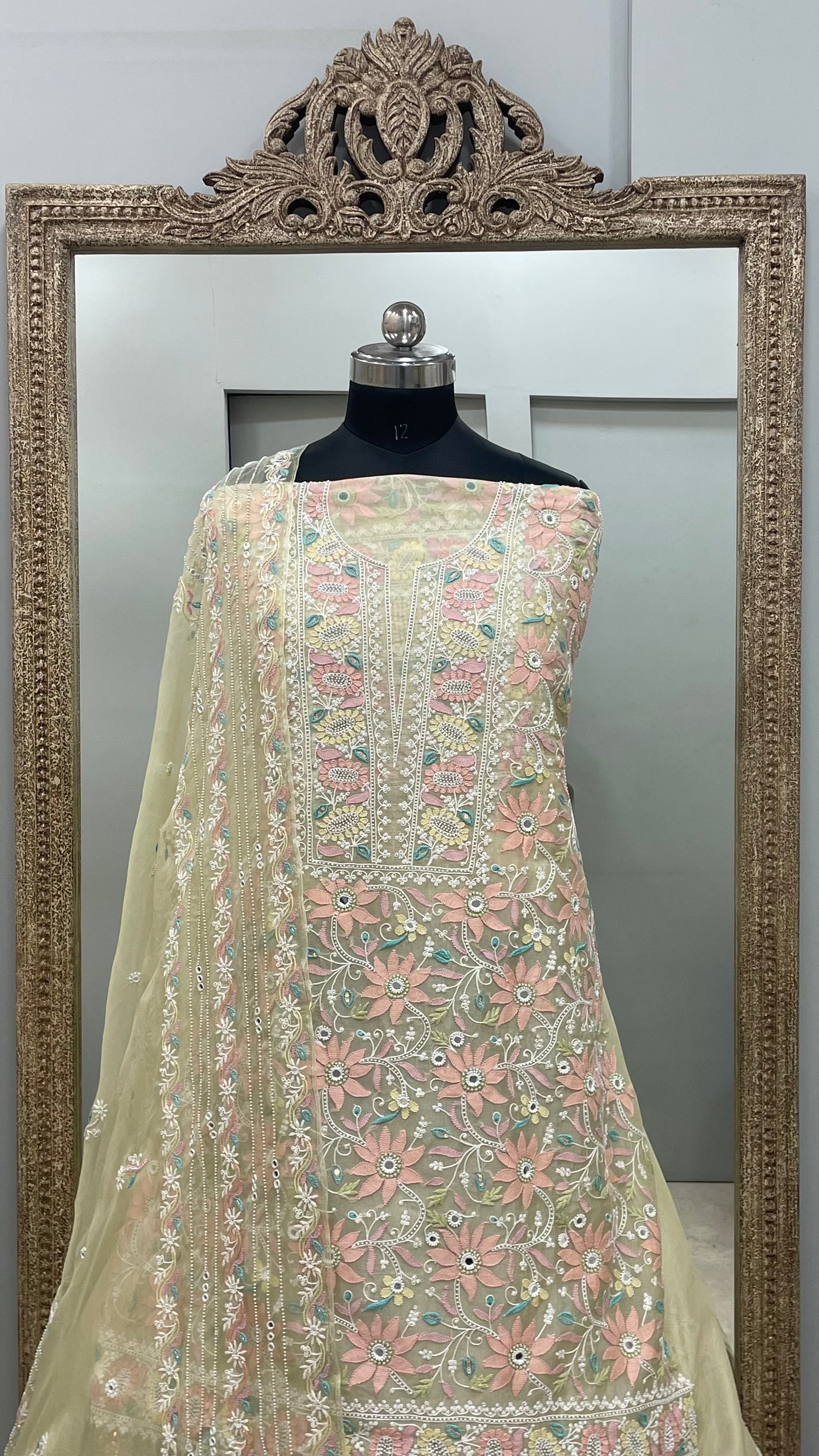 Pure Organza Straight Front and Back Same Heavy Pearl and Sequence Work Lemon Yellow