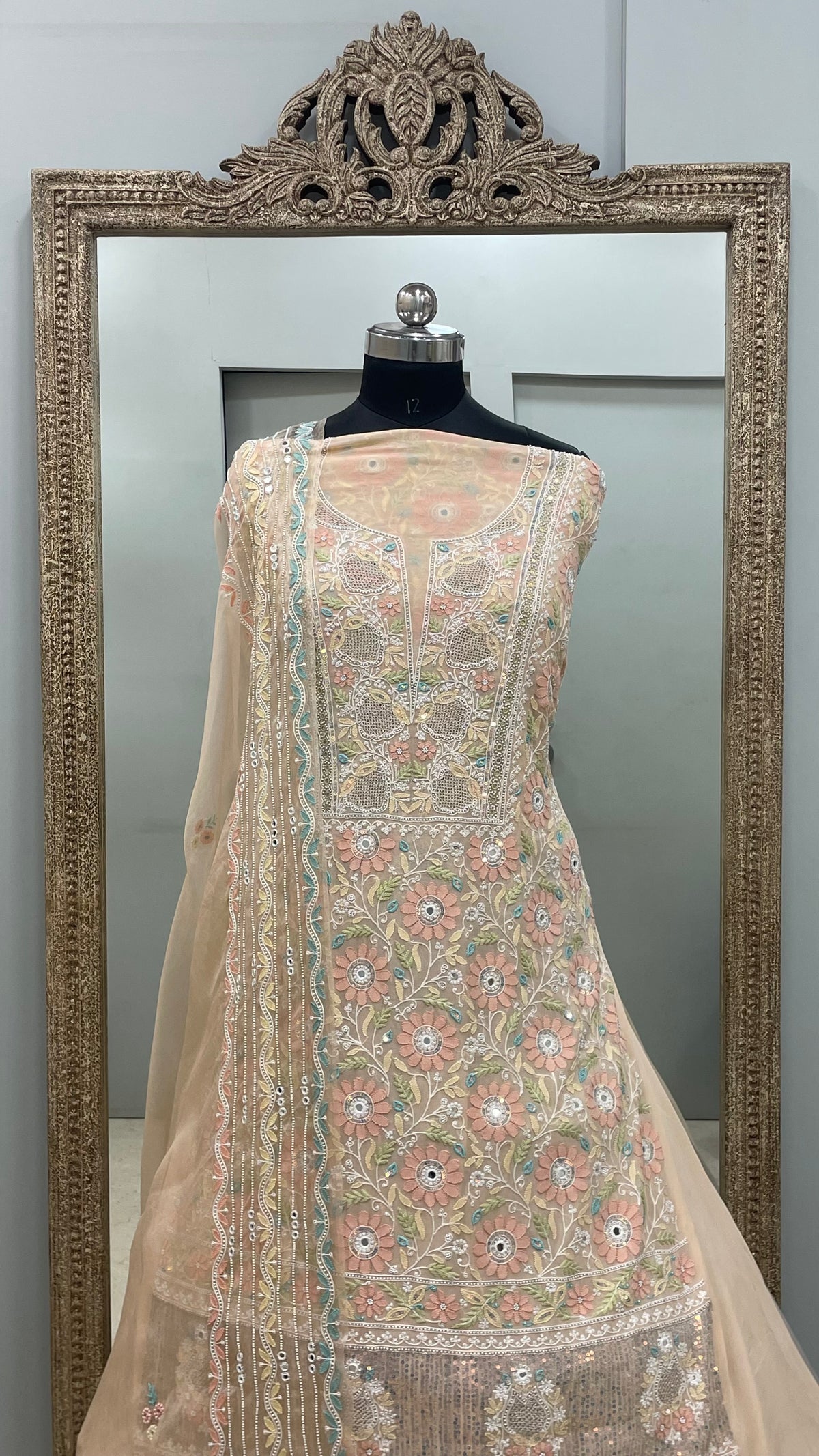 Pure Georgette Straight Front and Back Same Heavy Pearl and Sequence,Parsi Work Peach