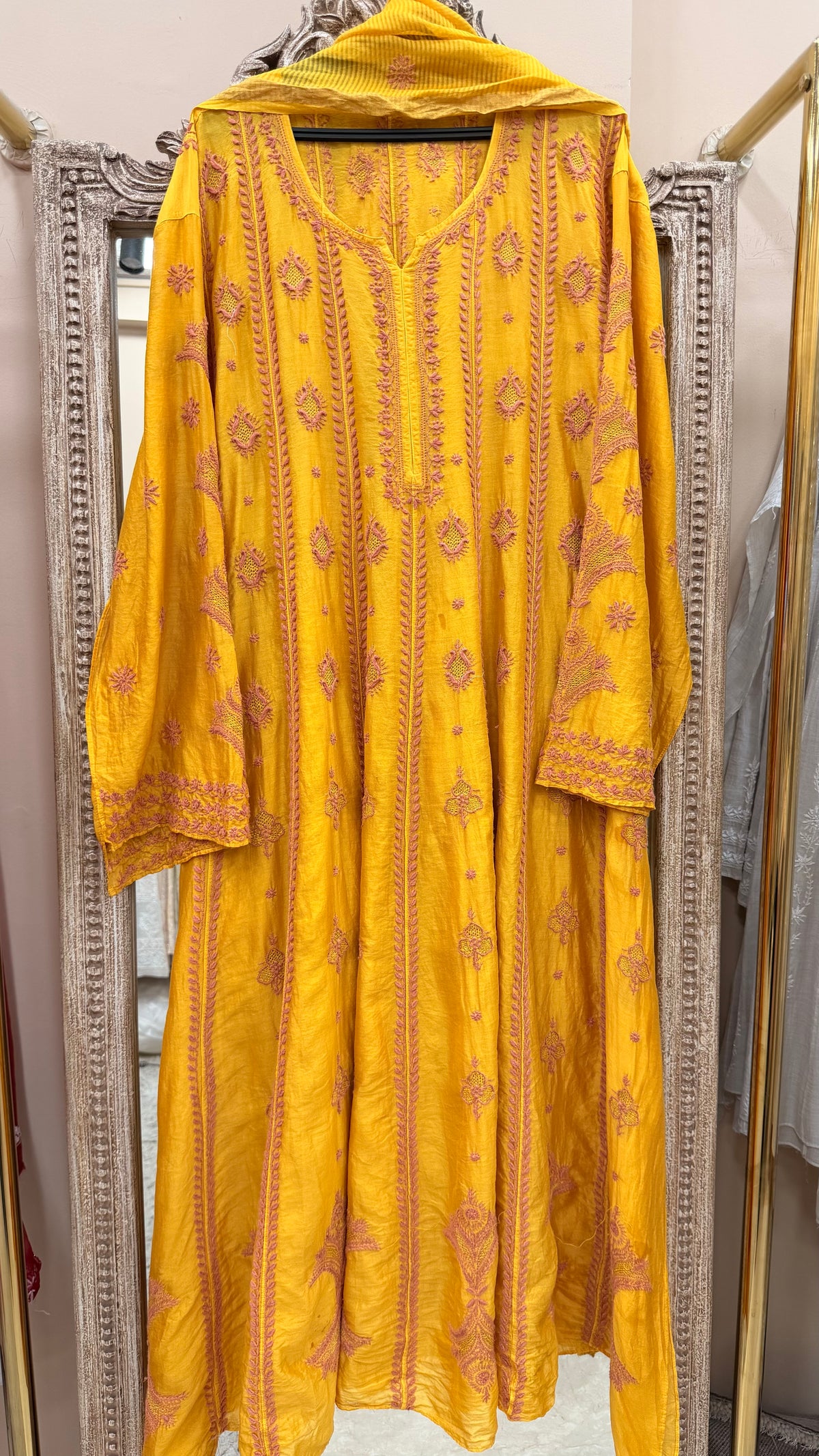 Pure Mul Anarkali Heavy Chikan Work With Dupatta Yellow