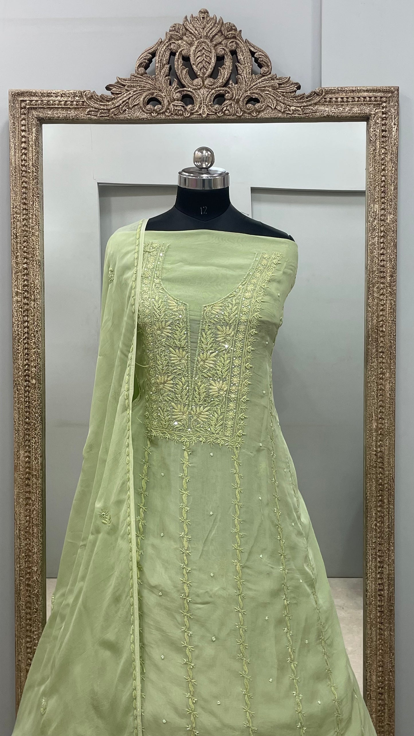 Semi Organza Straight Pearl And Work With Dupatta Green