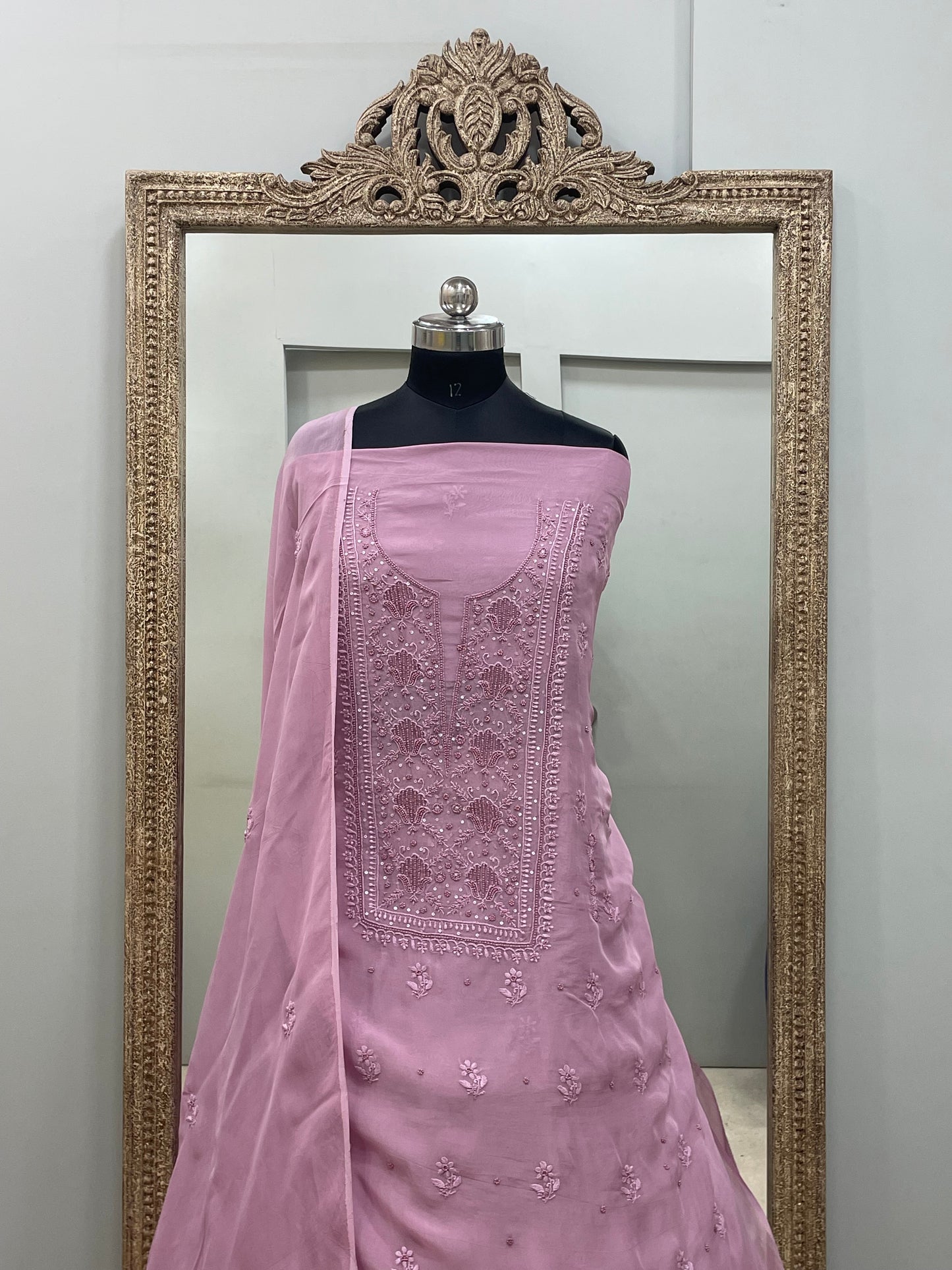 Semi Organza Straight Pearl And Work With Dupatta Purple