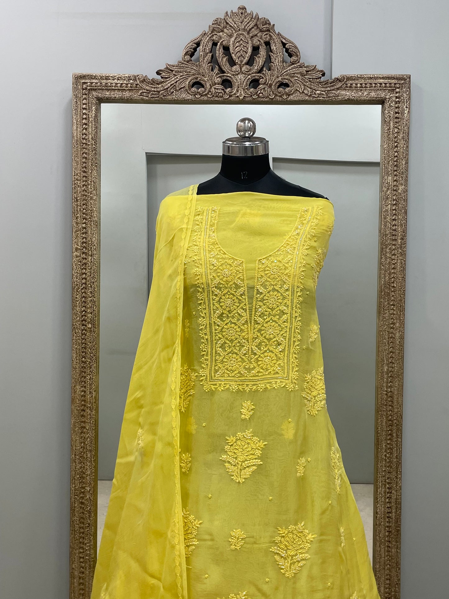 Semi Organza Straight Pearl And Work With Dupatta Yellow