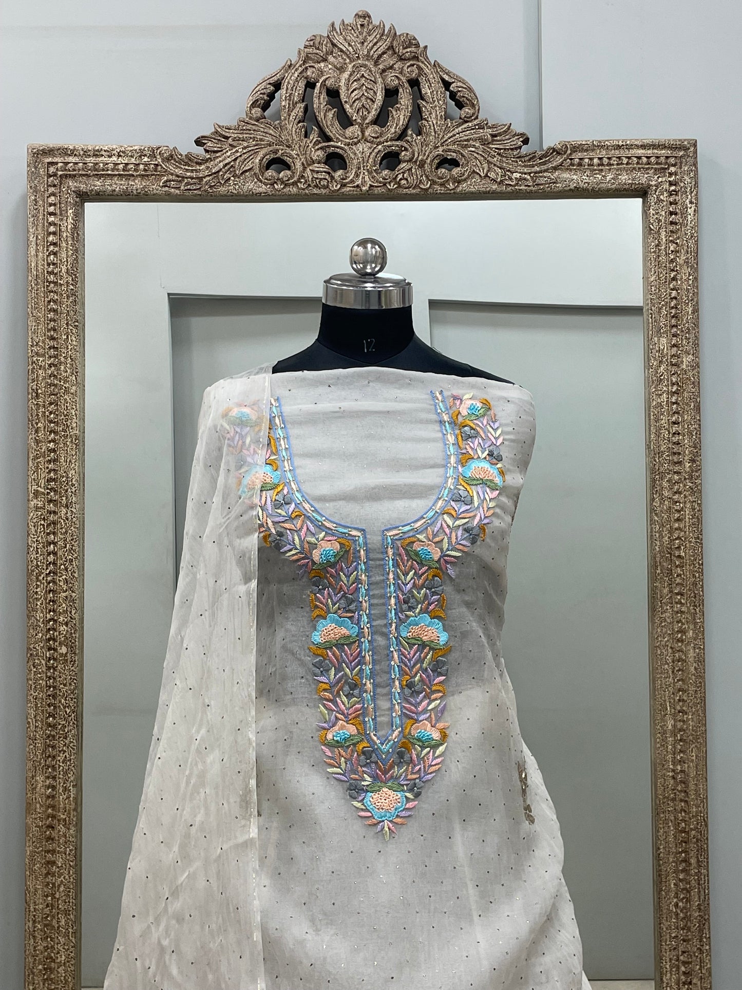 Pure Organza Straight With Heavy Mukaish And Parsi Work Off White 01