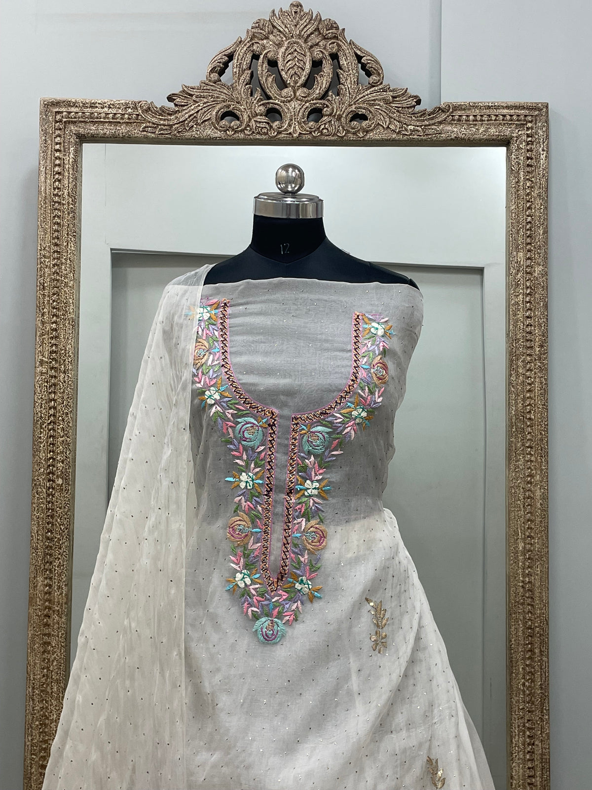 Pure Organza Straight With Heavy Mukaish And Parsi Work Off White 02