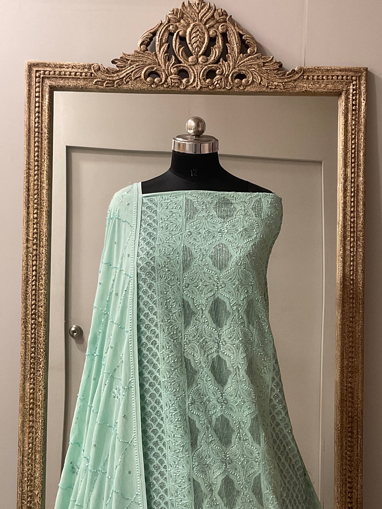 Pure Georgette Heavy Pearl Cutdana and Sequence Designer Green