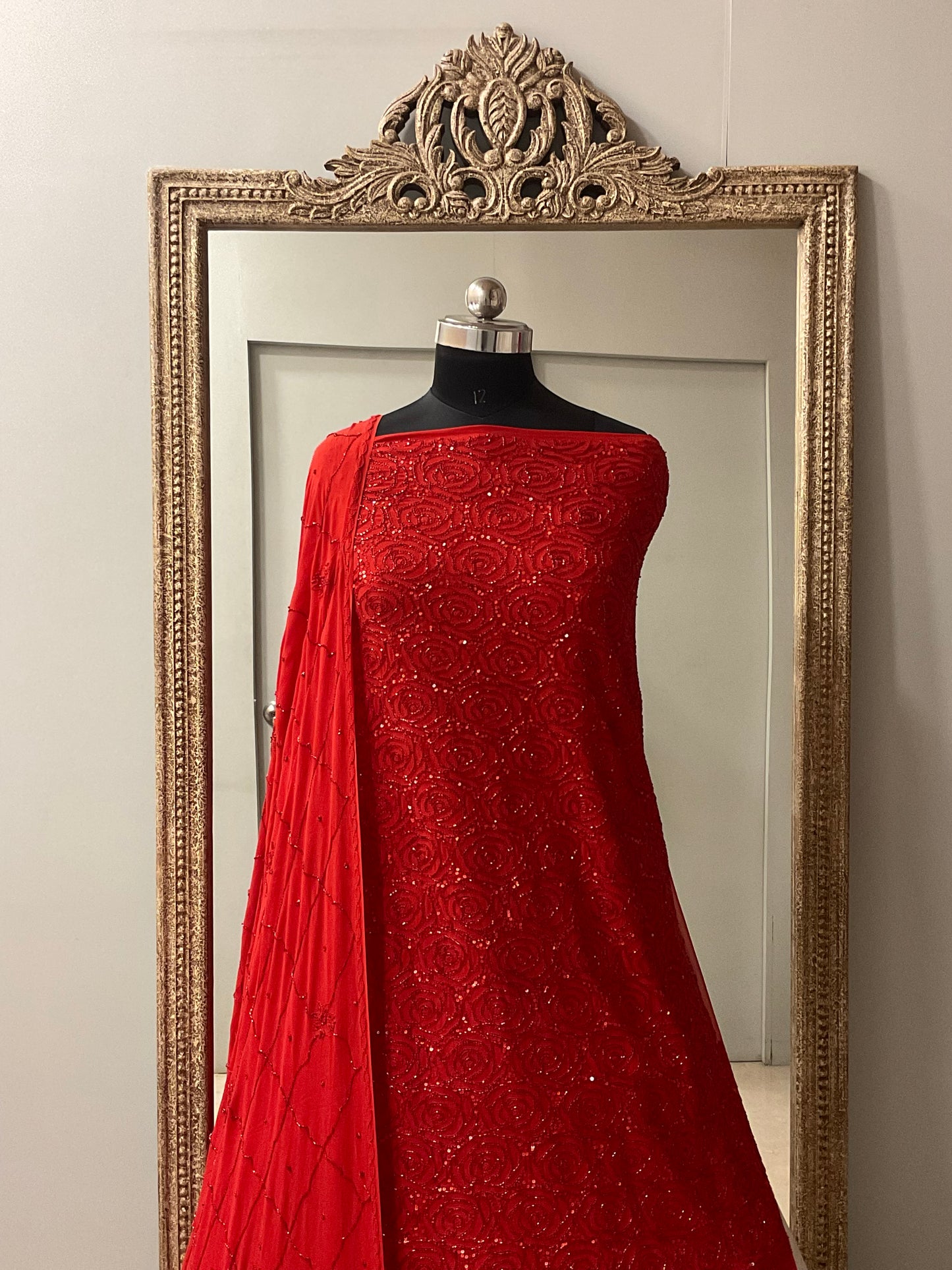 Pure Georgette Heavy Pearl Cutdana and Sequence Designer Red