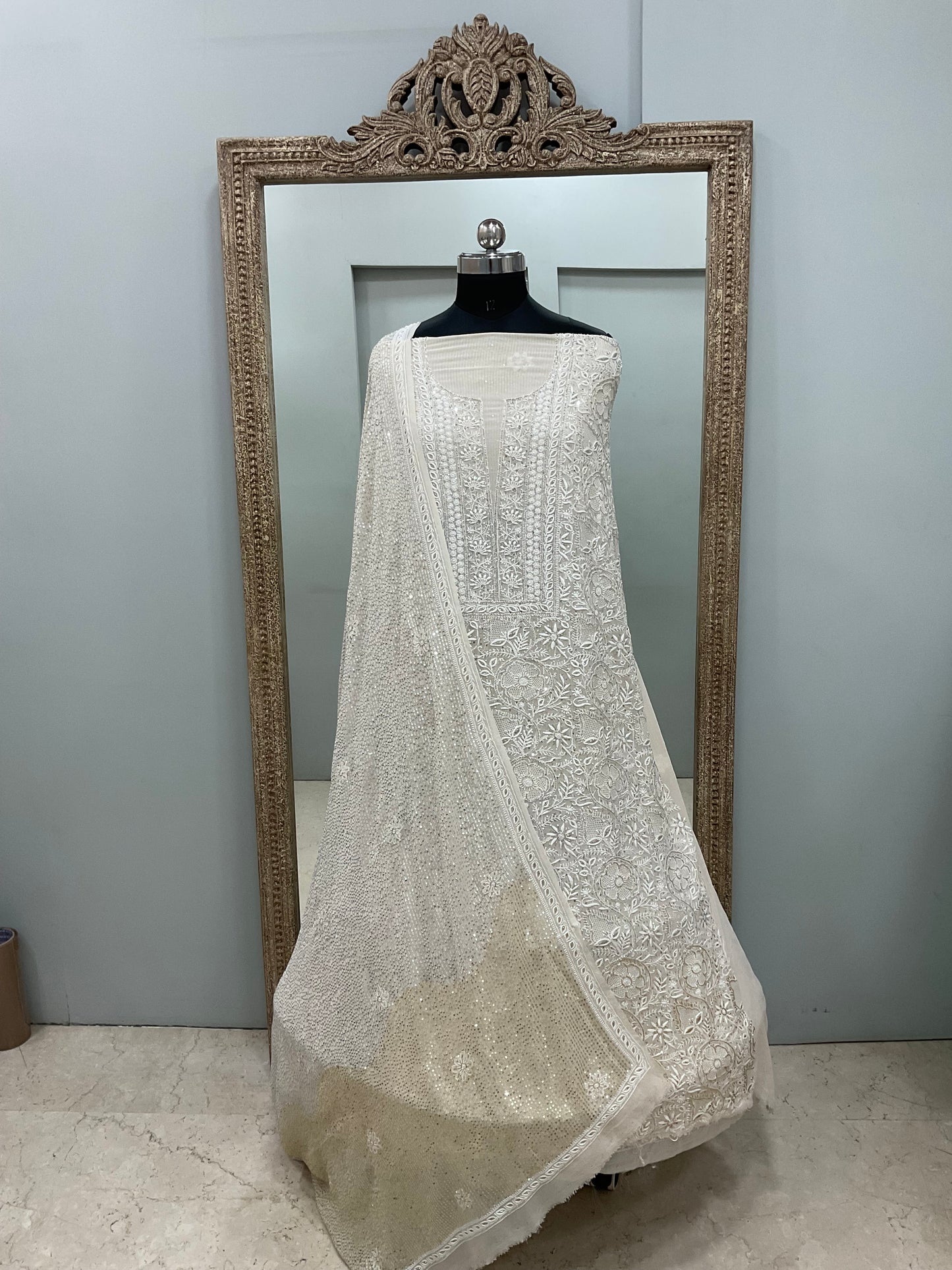 Superfine Pure Georgette Heavy Cutdana Pearl And Sequence Work Designer With Dupatta Beige