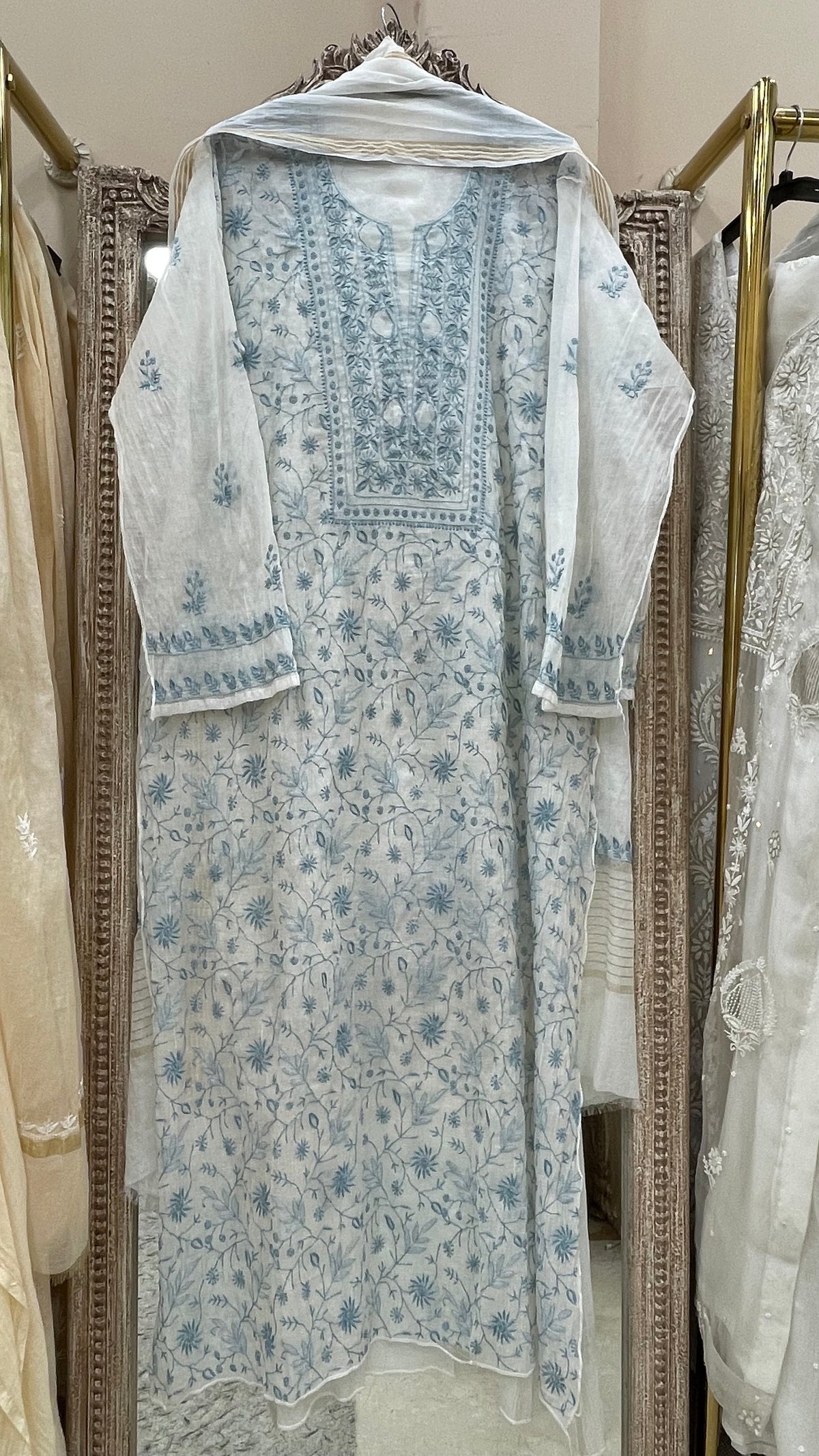 Pure Mulmul Cotton Straight Kurta Chicken Work With Dupatta Offwhite 02