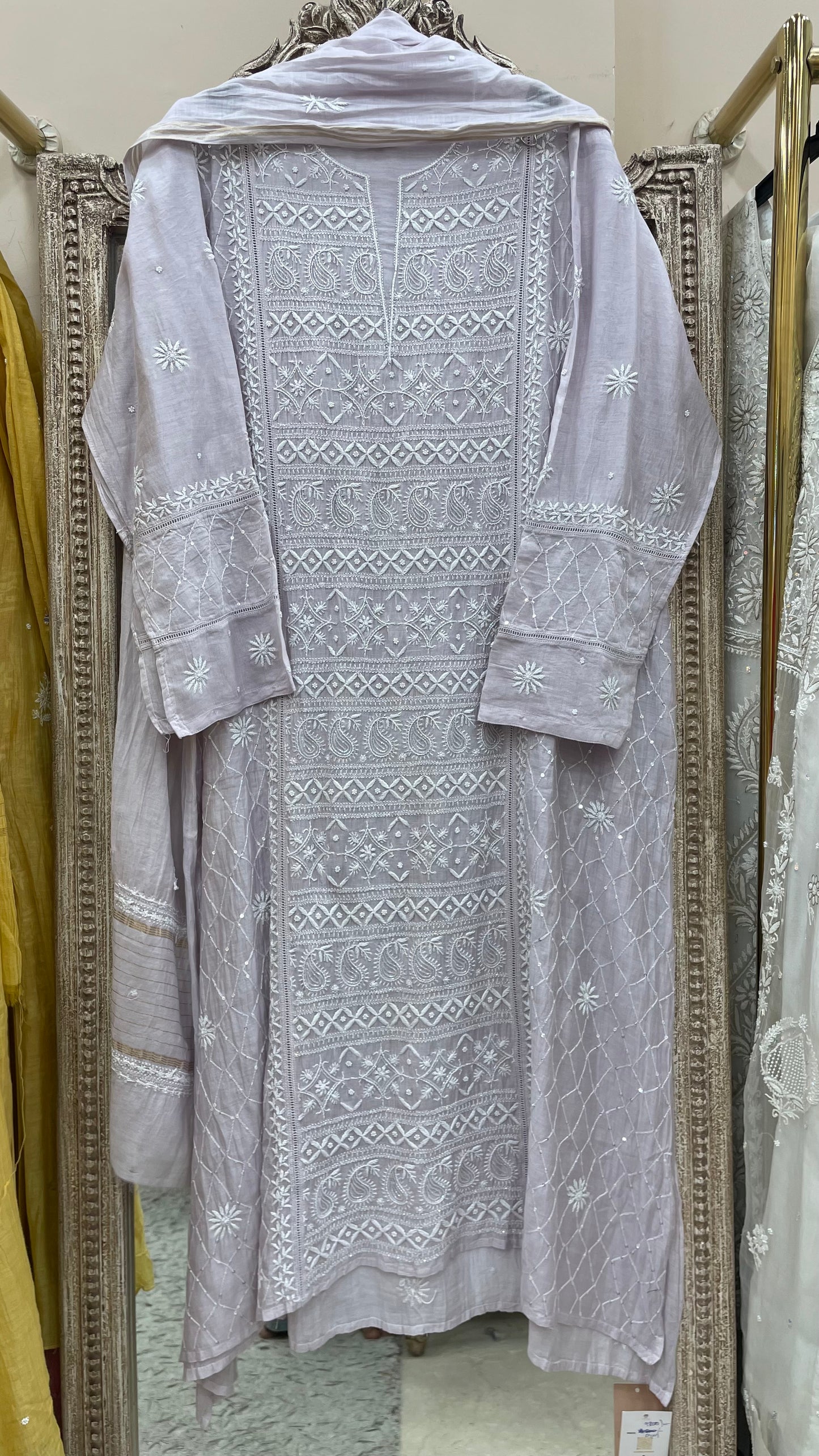 Pure Mulmul Cotton Semistiched Kurta Pearl And Addon Work With Dupatta Lilac