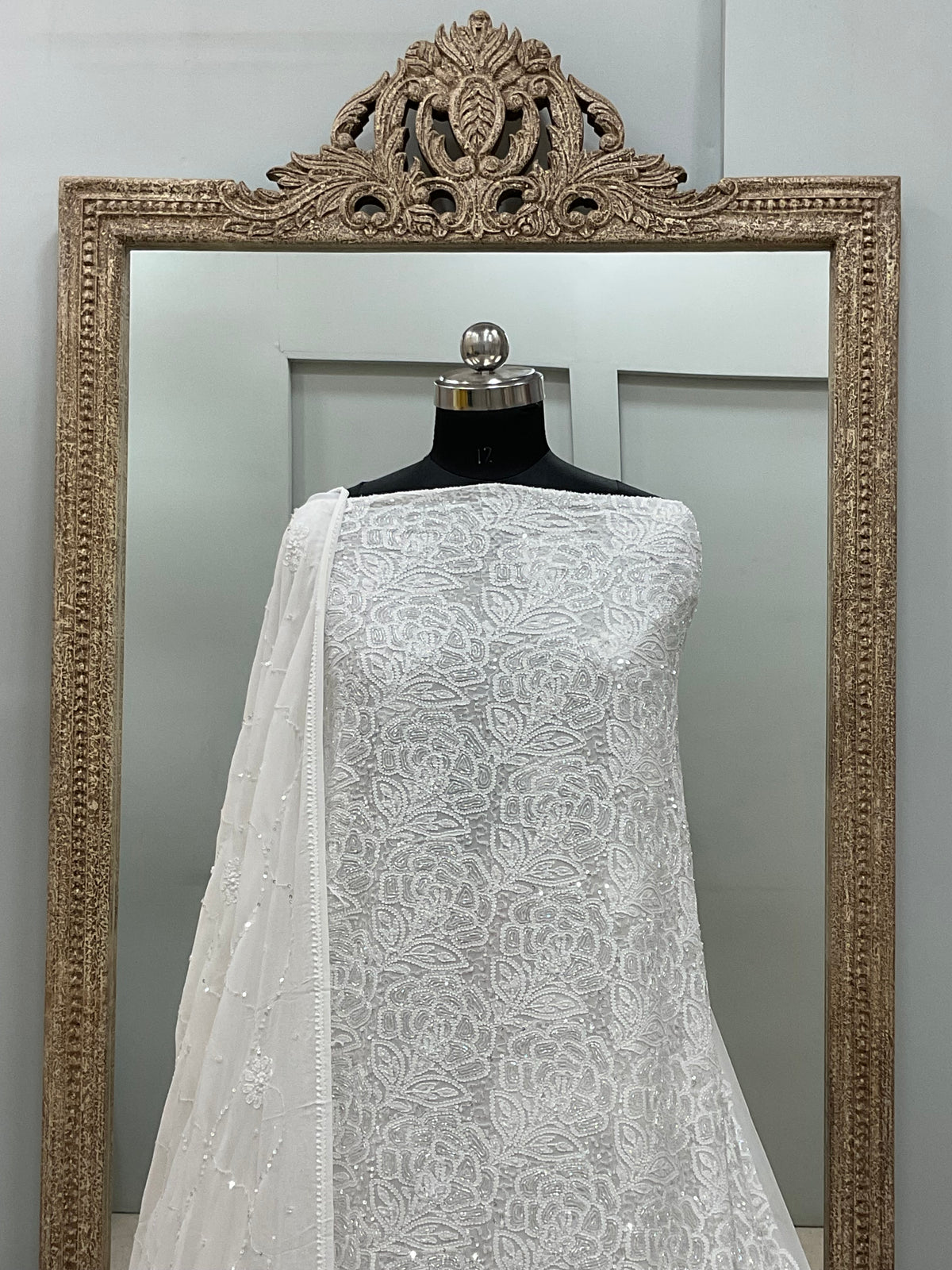 Pure Georgette Heavy Pearl Cutdana and Sequence Designer White