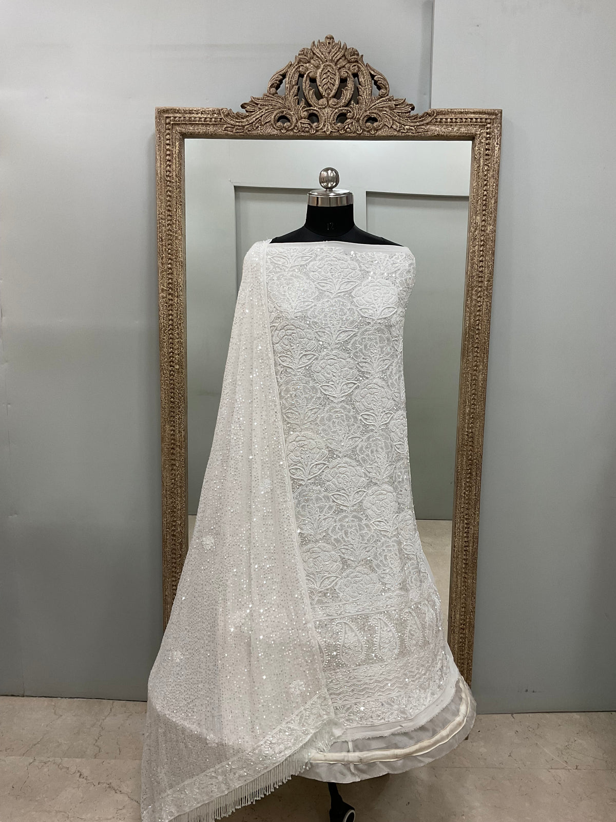 Pure Georgette Heavy Pearl Cutdana and Sequence Designer Heavy Dupatta White