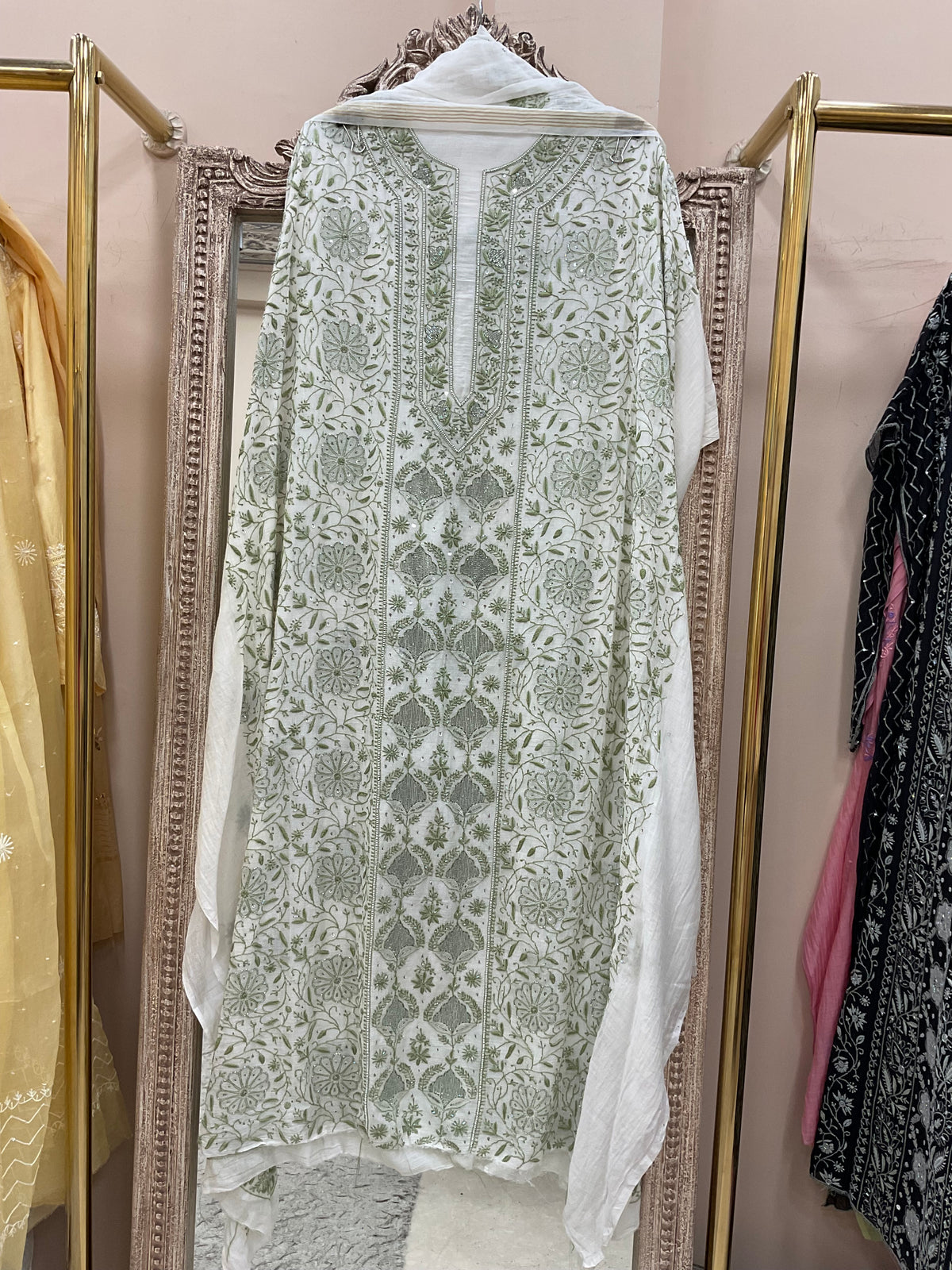 Pure Mulmul Cotton Kurta Pearl And Addon Work With Dupatta White