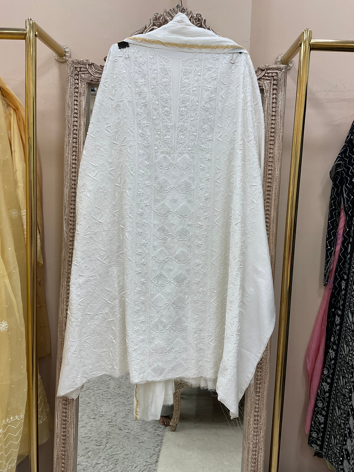 Pure Mul Cotton Straight Pearl And Addon Work With Dupatta White