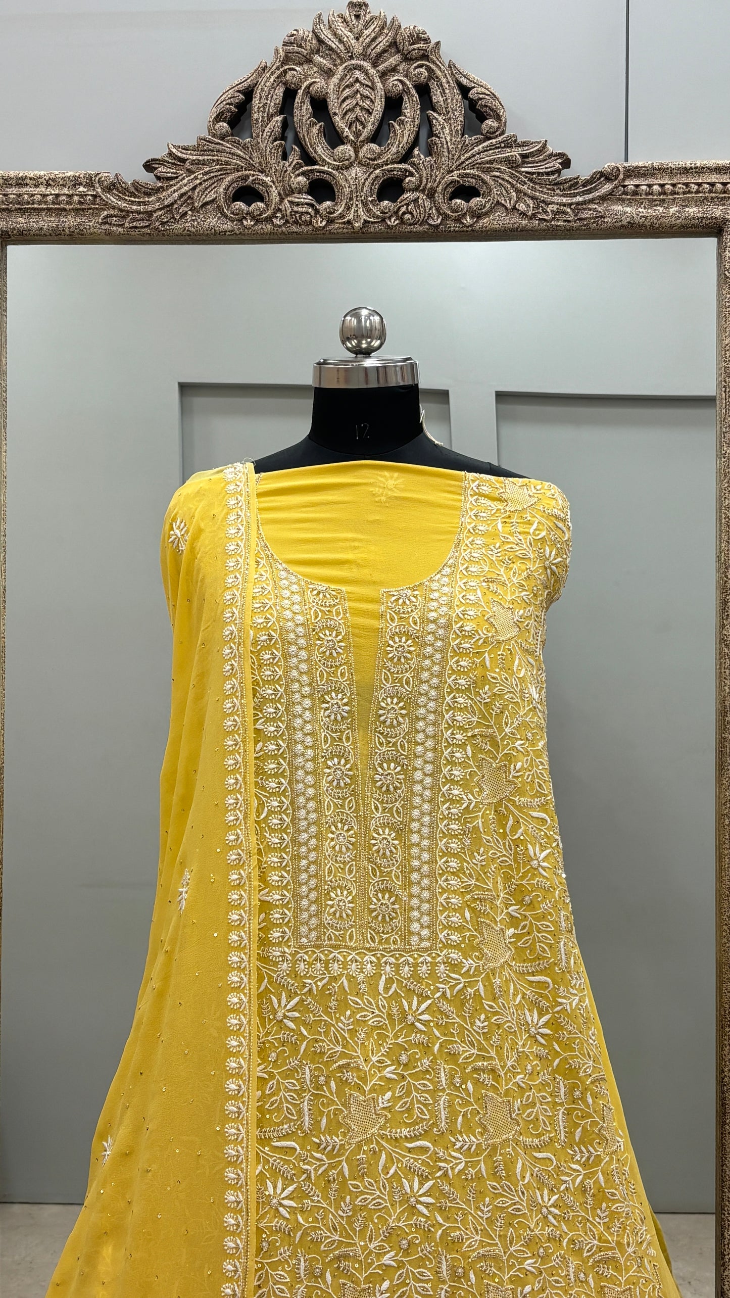 Pure Georgette Superfine Straight Heavy Sequence Pearl and Cutdana Yellow