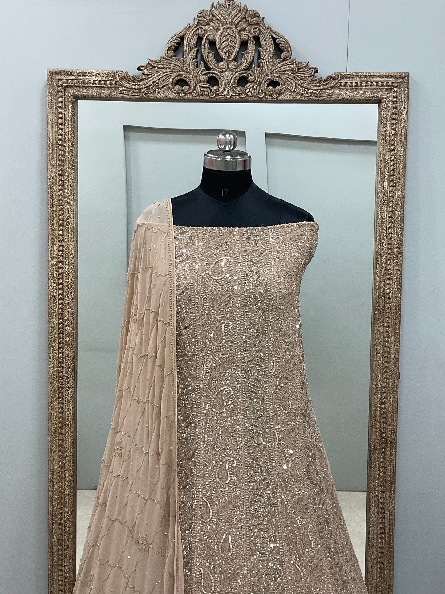 Pure Georgette Anarkali Heavy Pearl, Cutdana and Sequence Golden