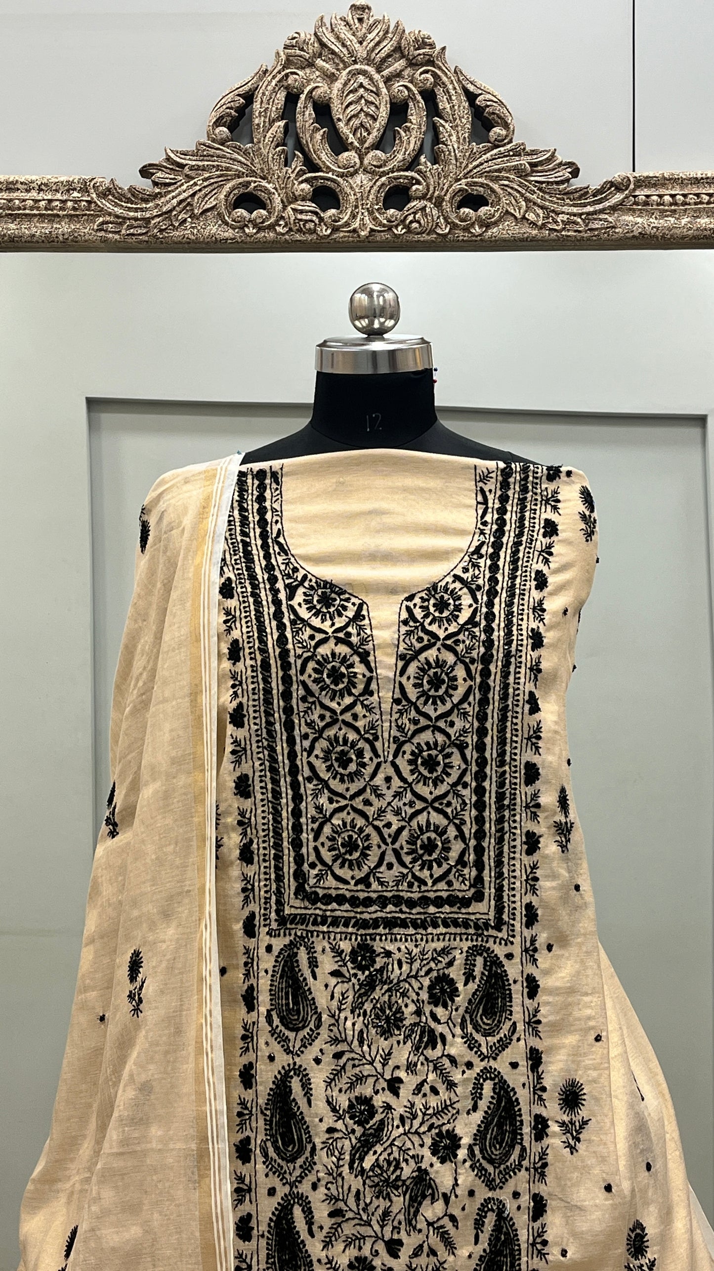 Tissue Straight with Cutdana and Pearl Beige Golden With BLack Emroidery