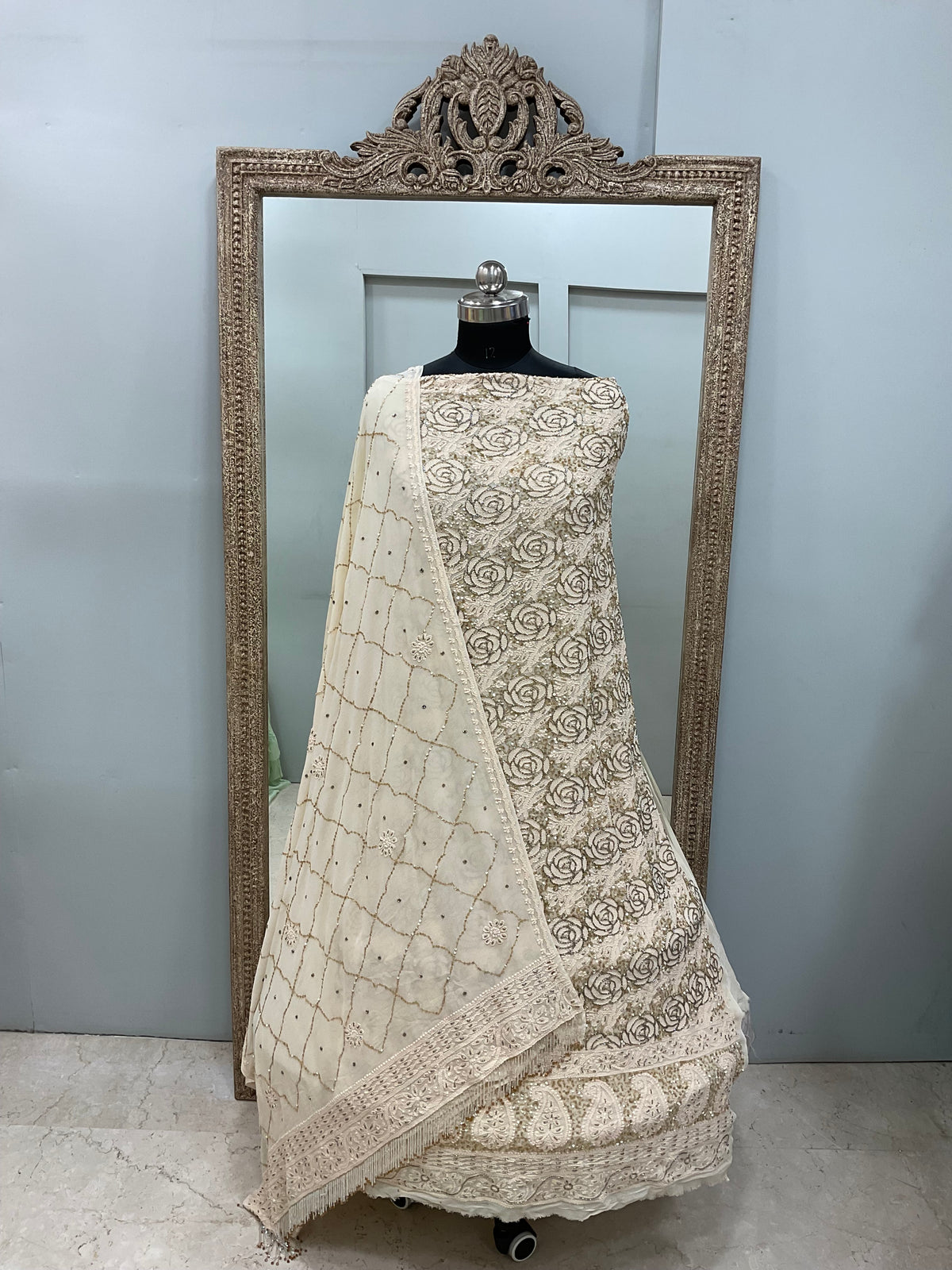 Pure Georgette Heavy Pearl Cutdana and Sequence Designer Beige