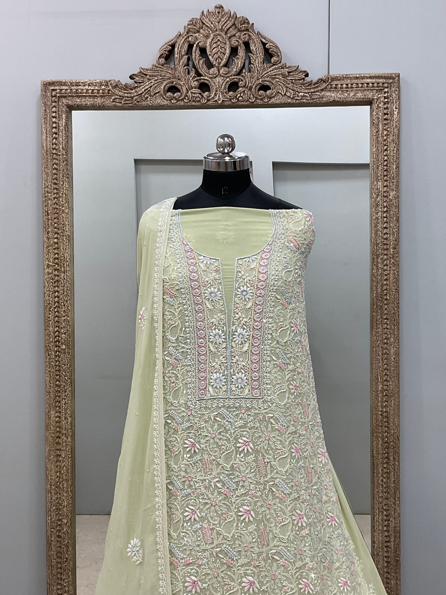 Superfine Pure Georgette Heavy MultiColoured Cutdana Pearl And Sequence Work Designer With Dupatta Green opy)