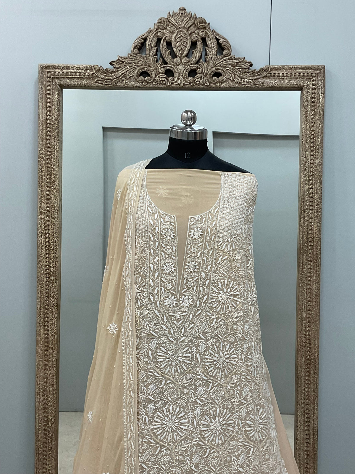 Superfine Pure Georgette Heavy Pearl Cutdana and Sequence Designer Beige