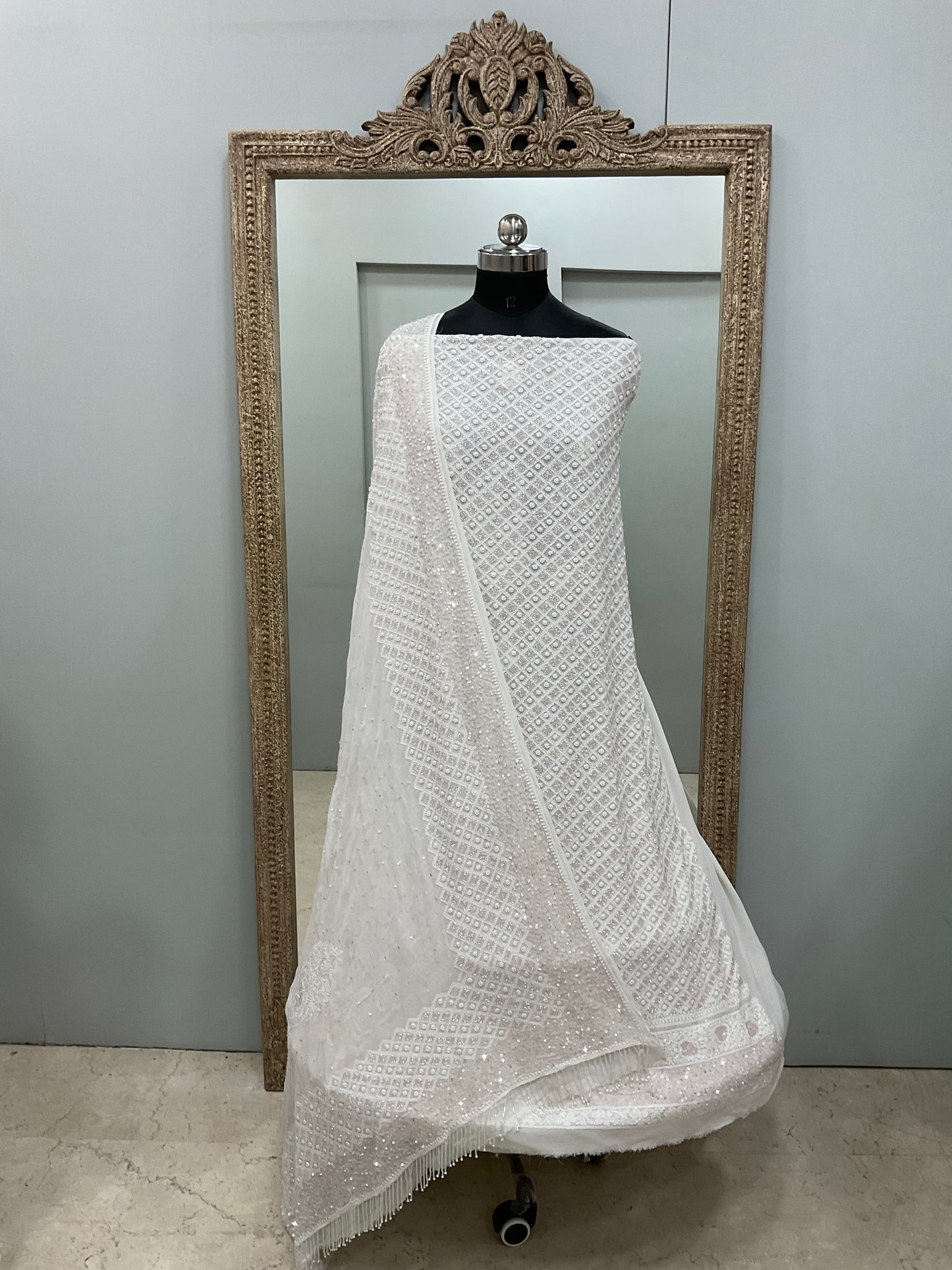 Superfine Pure Georgette Heavy Pearl Cutdana and Sequence Designer White 01