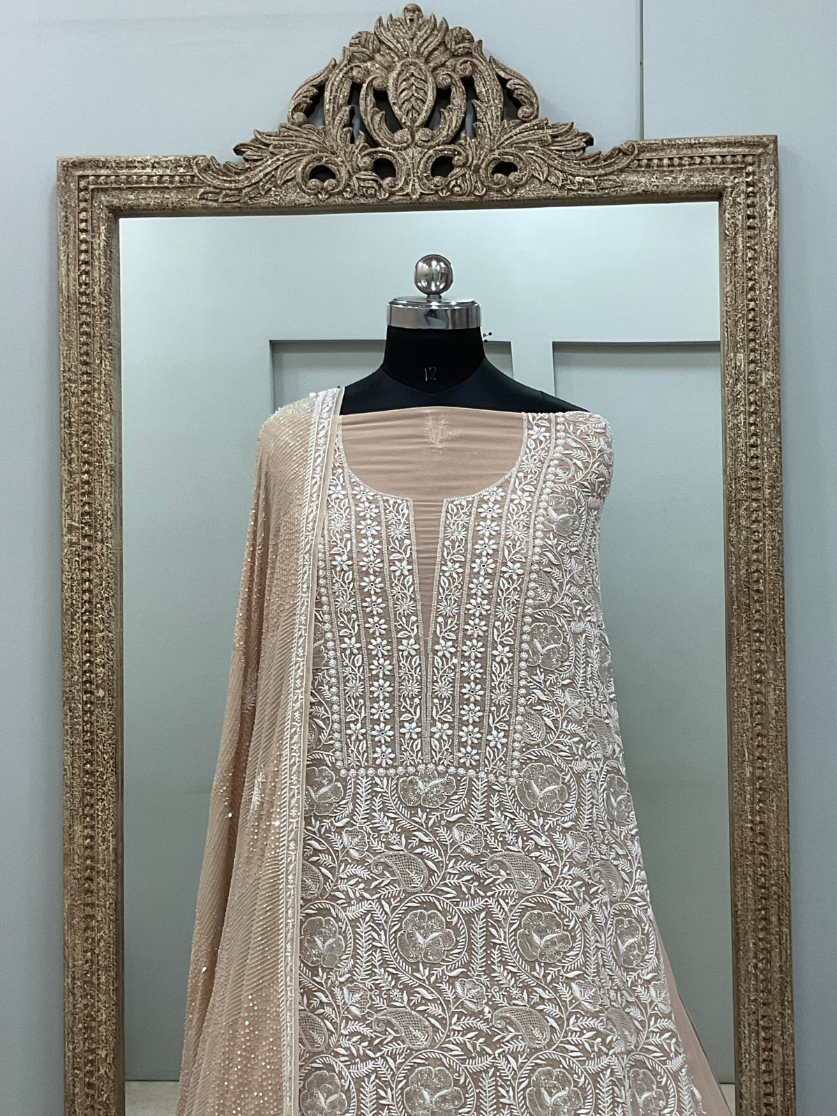 Superfine Pure Georgette Superfine Straight Heavy Sequence Pearl and Cutdana Beige