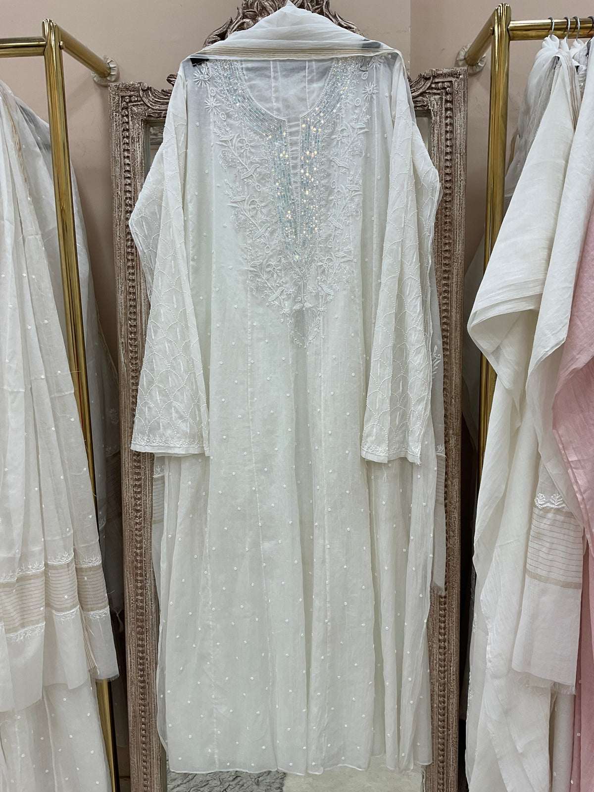 Pure Mul Anarkali Heavy Pearl And Cutdana Work With Dupatta Off White 02