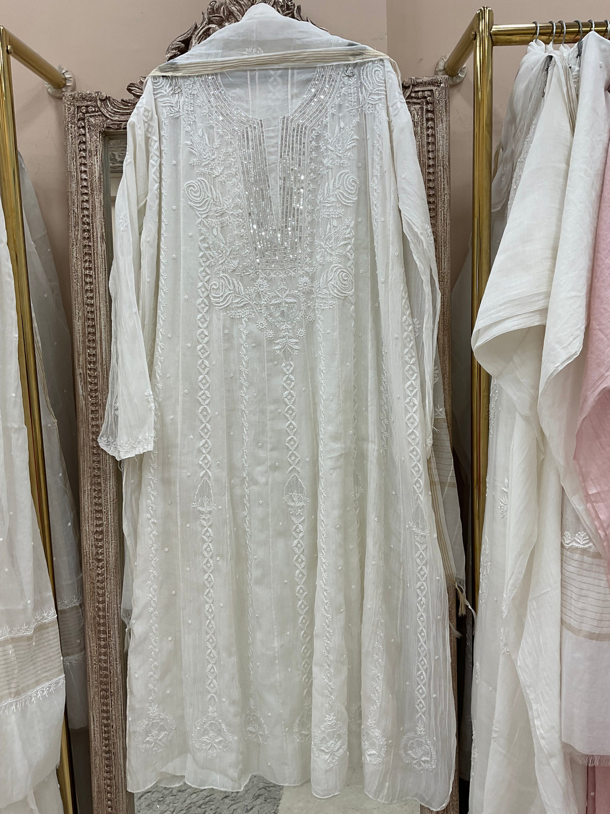 Pure Mul Anarkali Heavy Pearl And Cutdana Work With Dupatta Off White 04