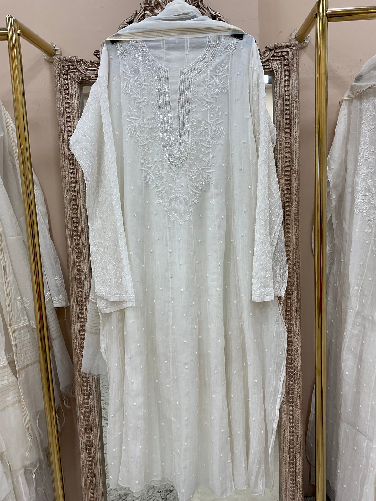 Pure Mul Anarkali Heavy Pearl And Cutdana Work With Dupatta Off White 06