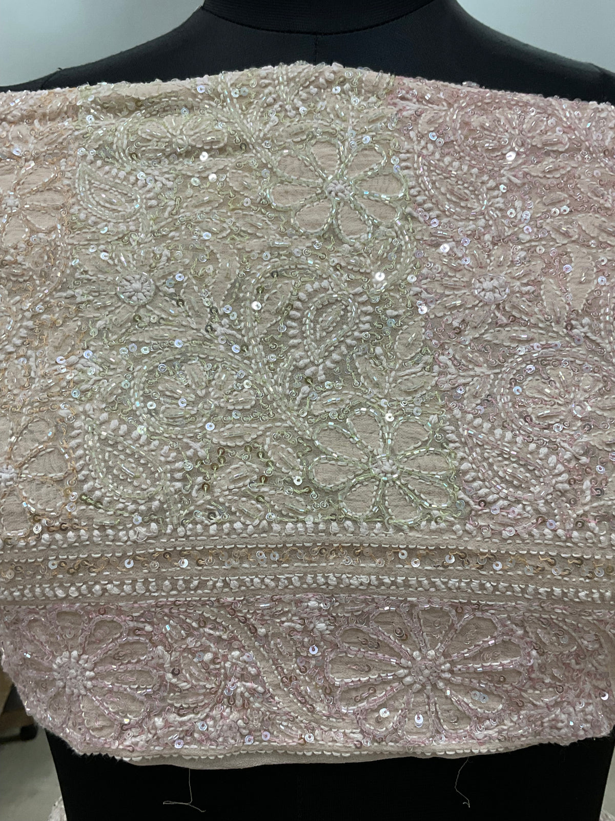 Pure Georgette Heavy Multicolored Cutdana and Pearl Powder Beige