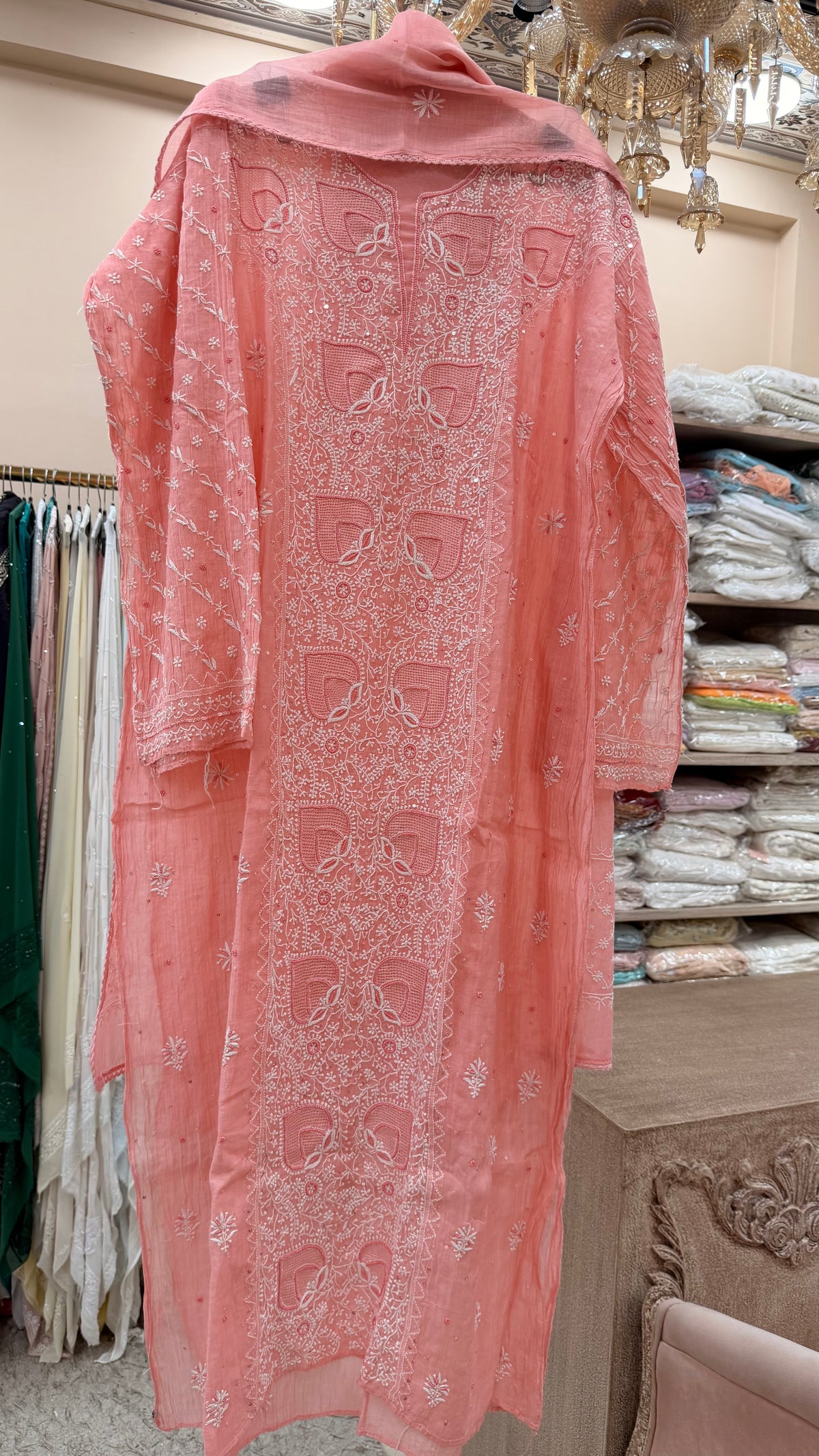 Pure Mulmul Semistiched Kurta Heavy Pearl And Addon Work With Dupatta Peach