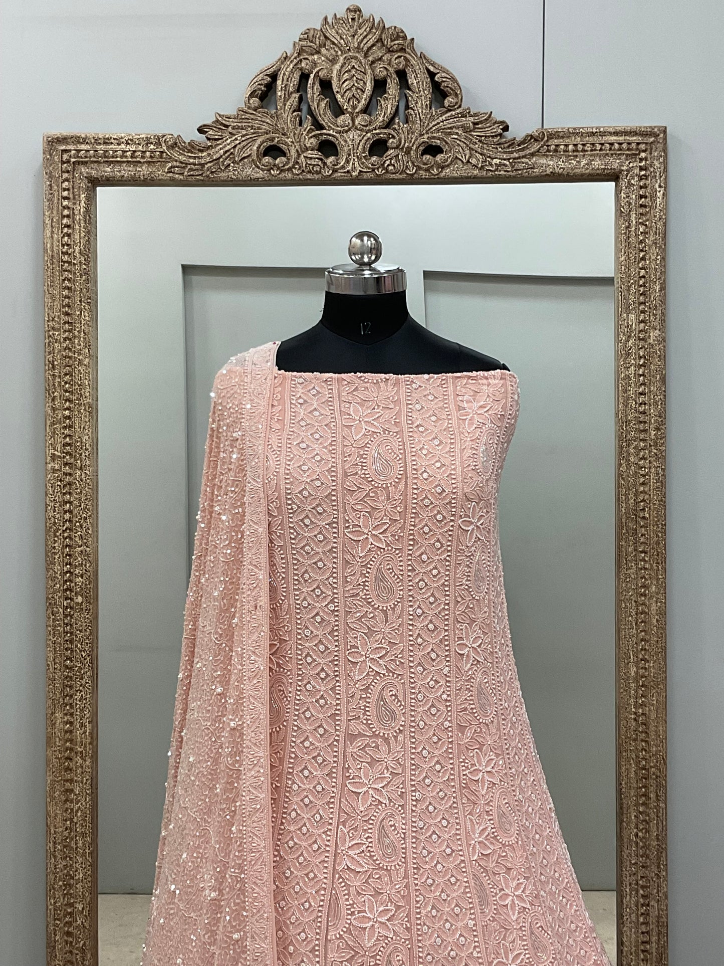Pure Georgette Anarkali Heavy Pearl, Coloured Cutdana and Sequence Heavy Dupatta Peach