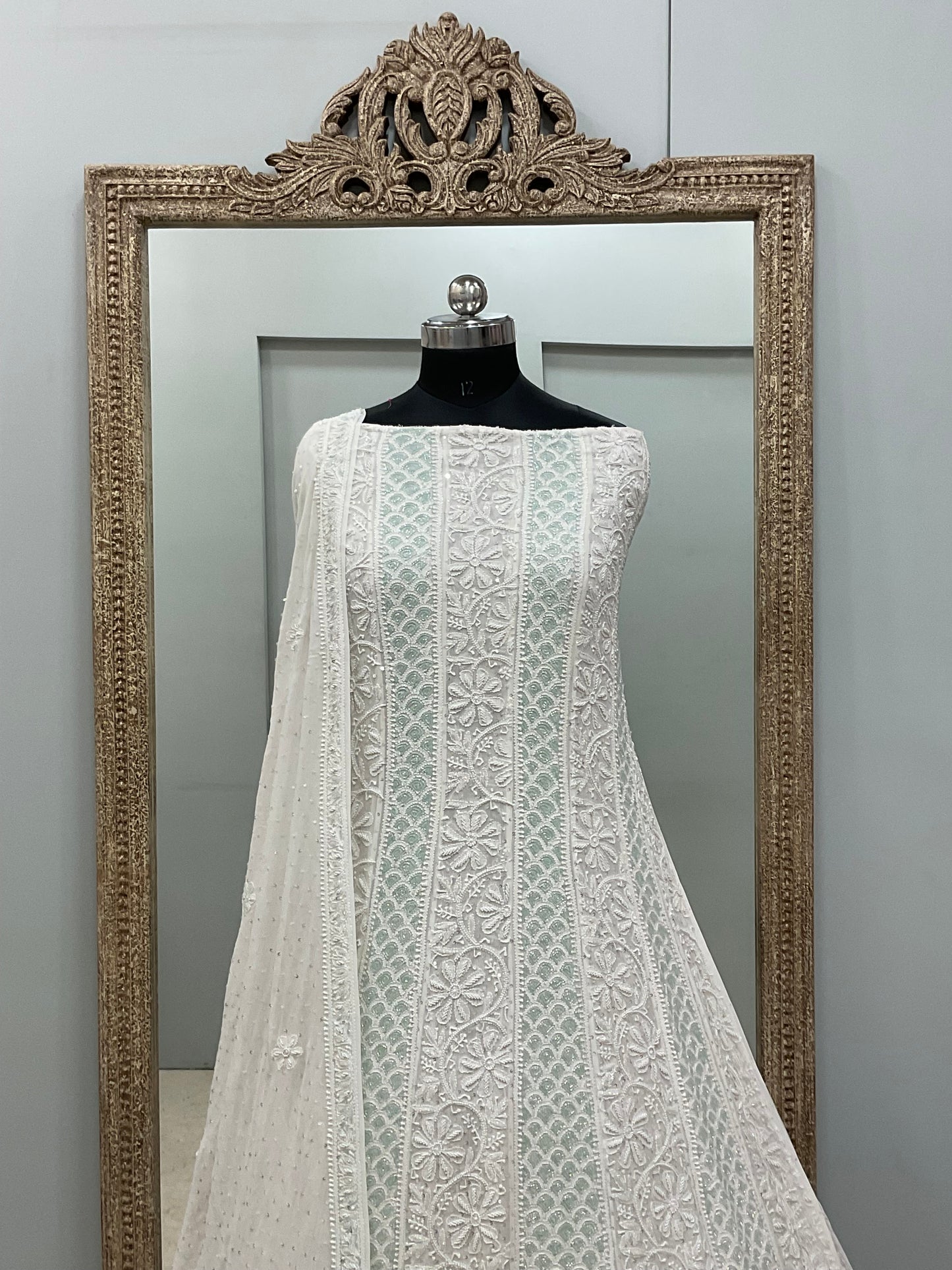 Pure Georgette Anarkali Heavy Pearl, Multi Coloured Cutdana and Sequence White