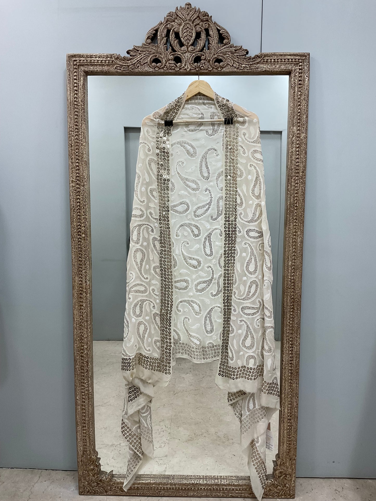 Ring Mukaish Pearl and Heavy Sequence Designer Dupatta Off White