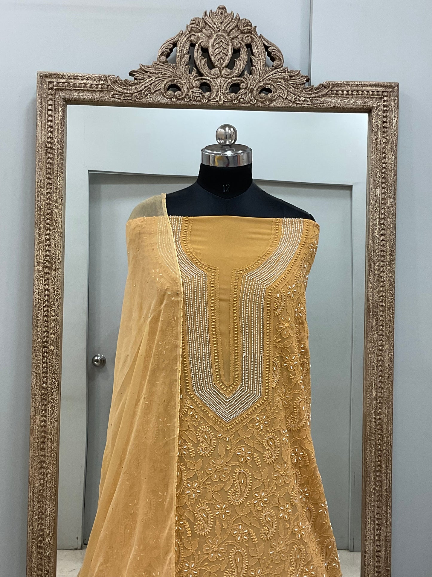 Georgette Straight Shirt and Chiffon Dupatta Pearl And Cutdana Work Golden Beige