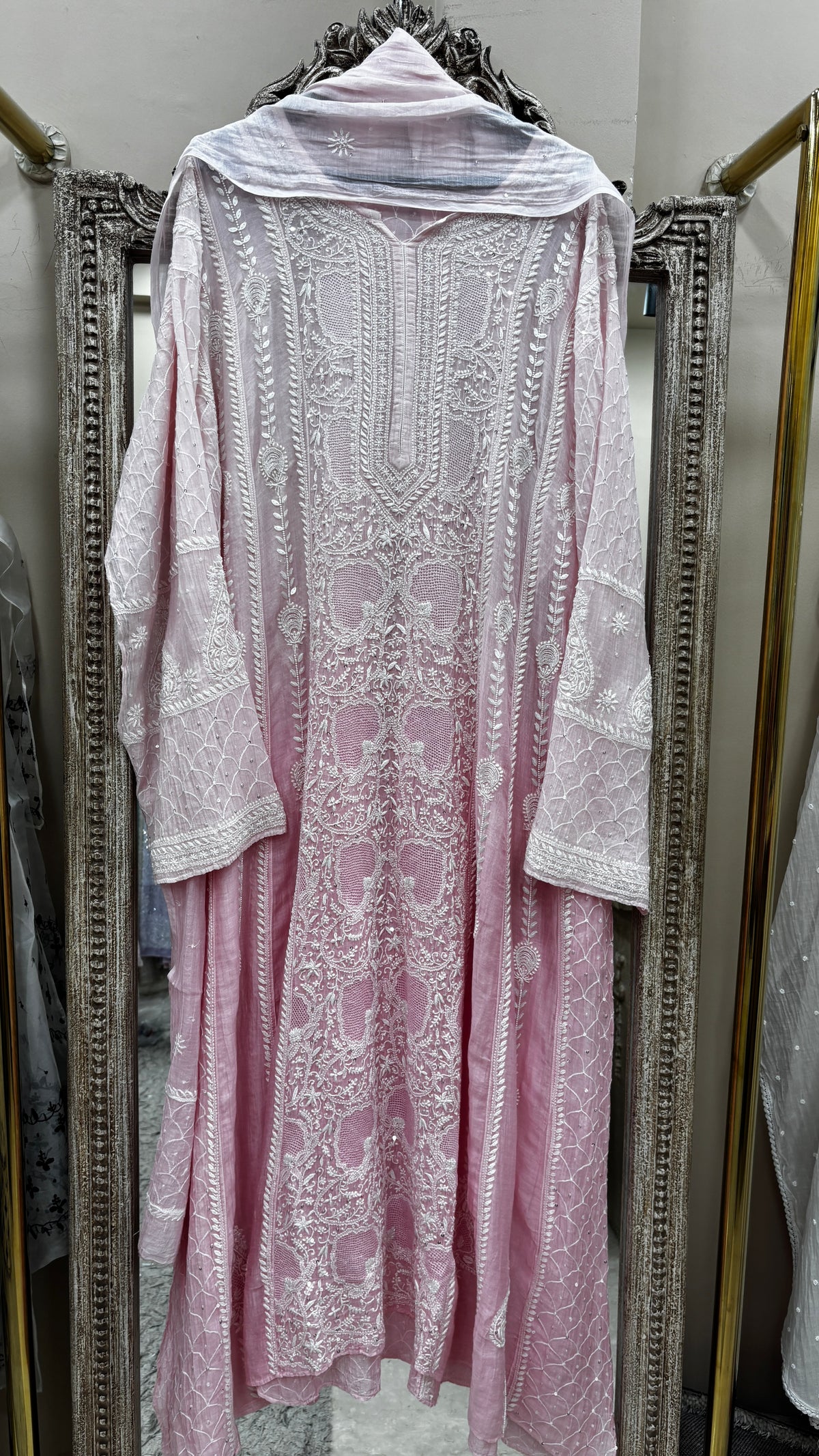 Pure Mul Anarkali Heavy Pearl And Cutdana ,Jaali Work With Dupatta Pink