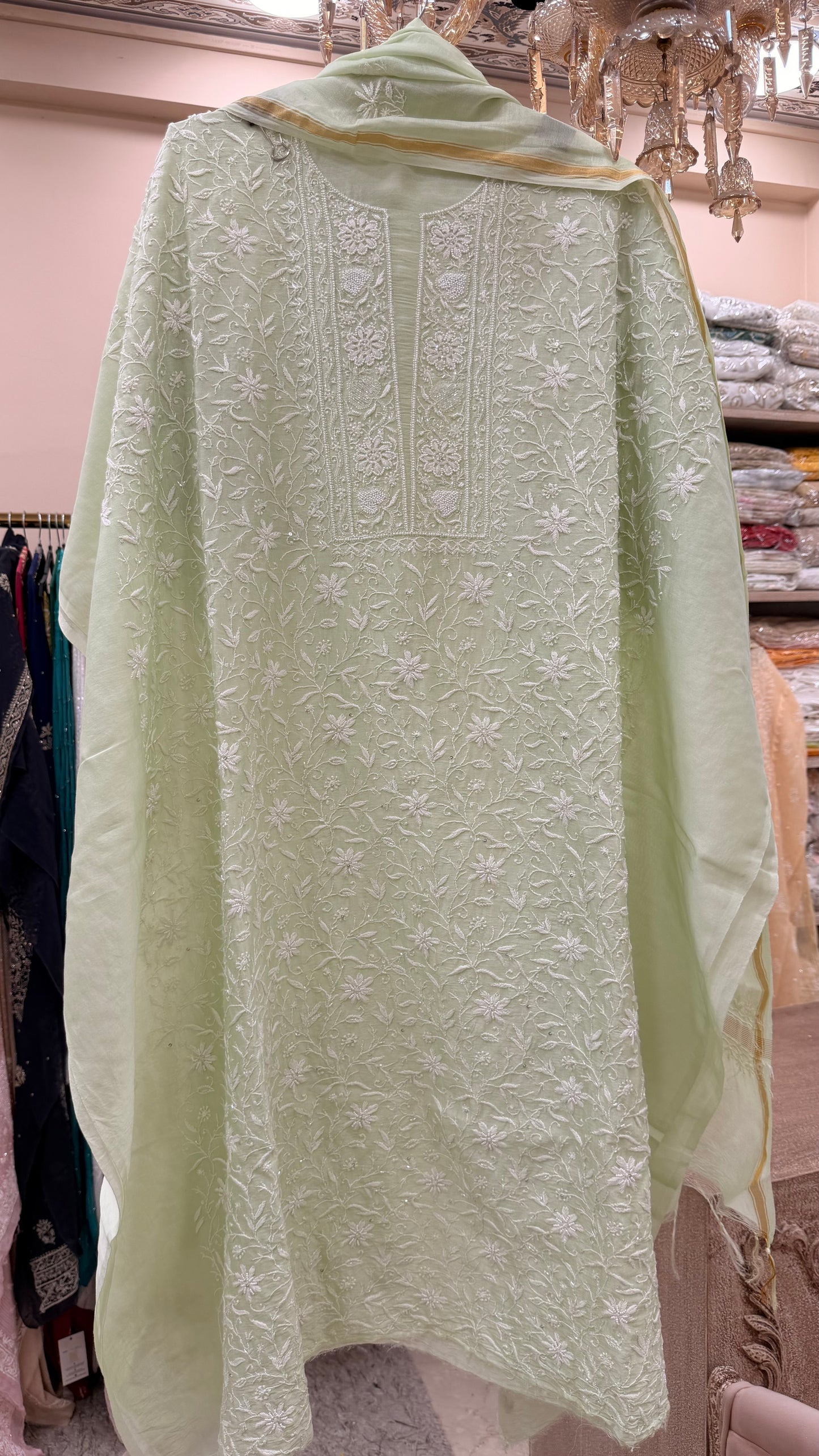 Pure Mulmul Cotton Semistiched Kurta Pearl And Addon Work With Dupatta Green