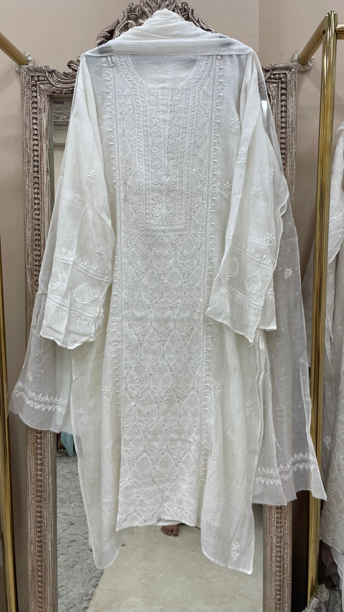 Pure Mulmul Semistiched Kurta Jaali Work And Sequnce With Dupatta White 01