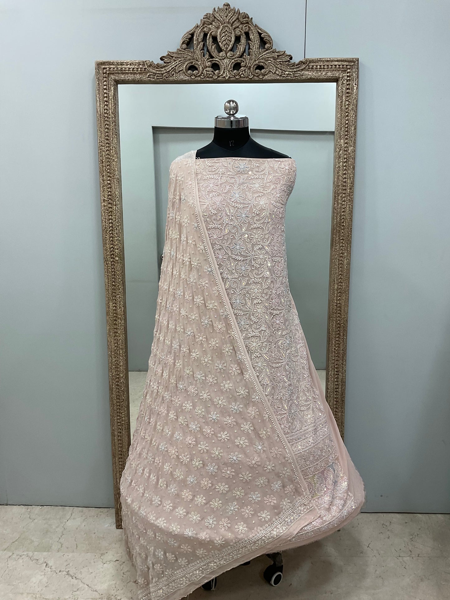 Superfine Pure Georgette Heavy Pearl Cutdana and Multicoloured Sequence Designer Beige