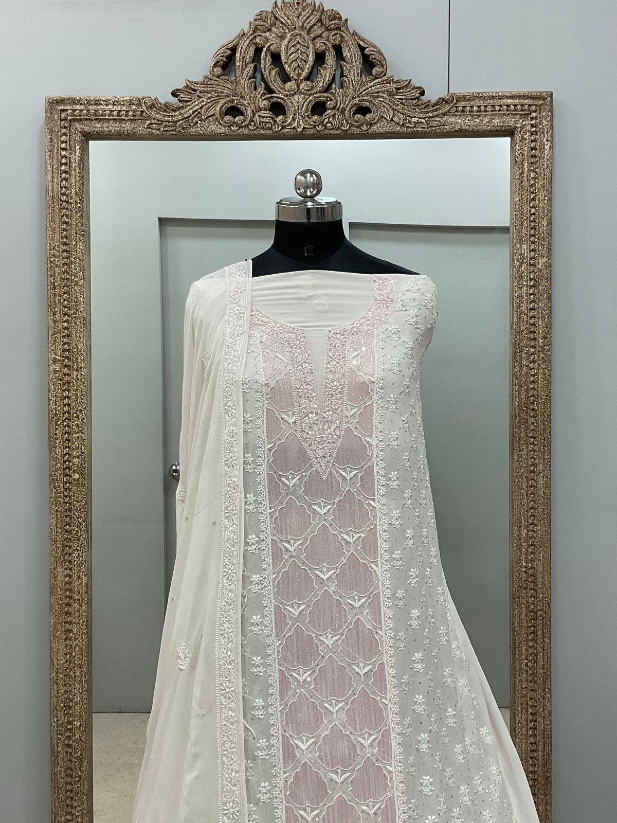 Pure Georgette Heavy Cutdana Pearl And Sequence Work Designer With Dupatta White