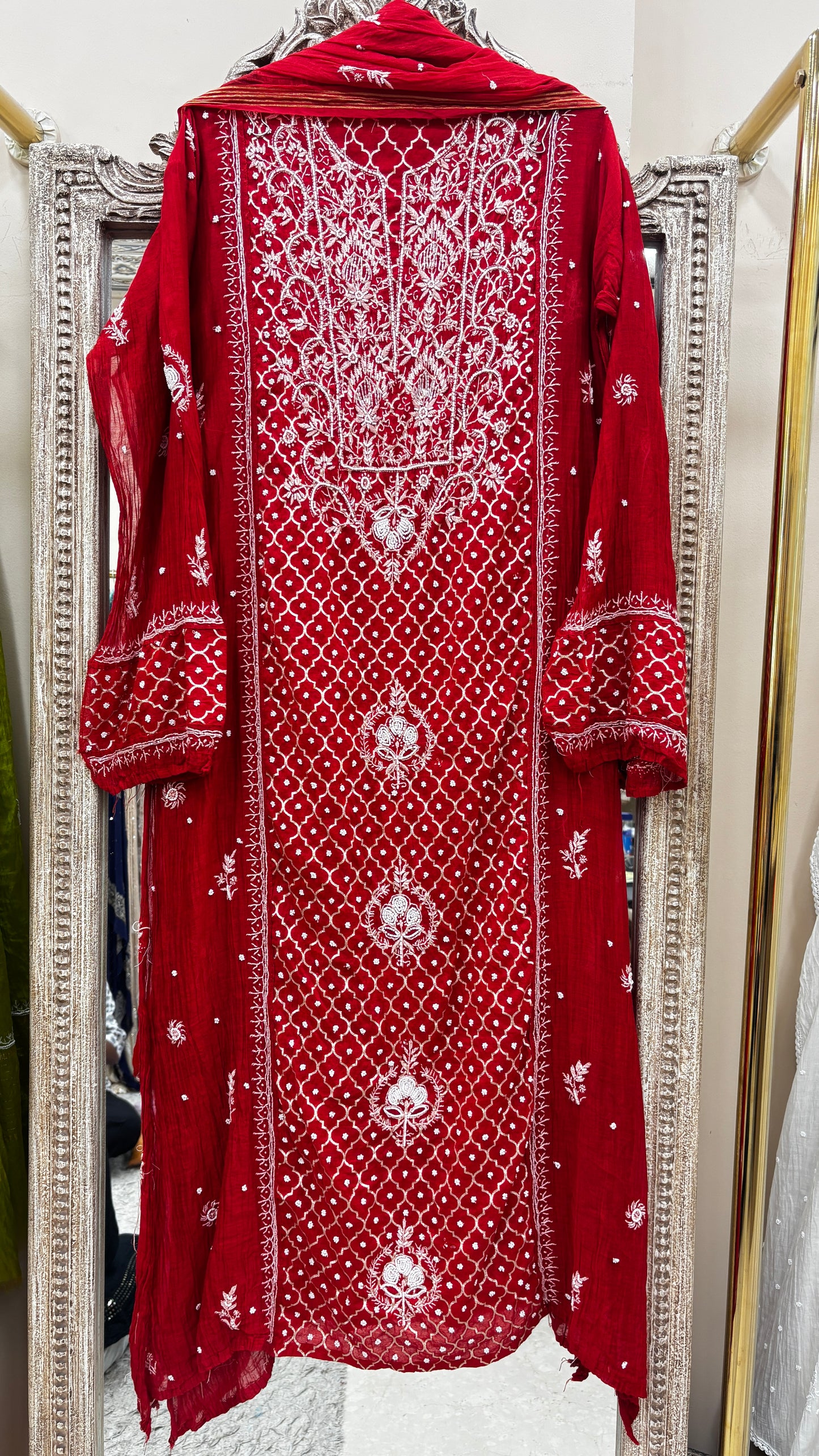 Pure Mulmul Cotton Semistiched Kurta Pearl And Addon Work With Dupatta Red