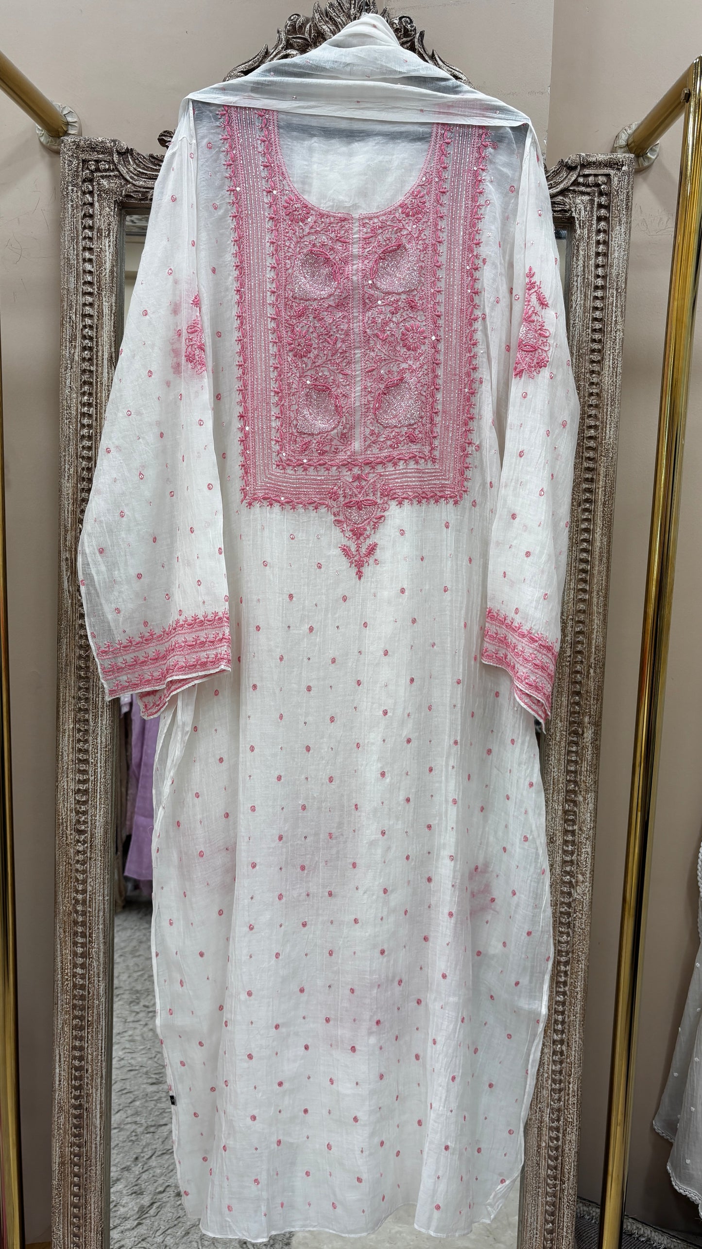 Pure Mulmul Cotton Semistiched Kurta Pearl And Addon Work With Dupatta White