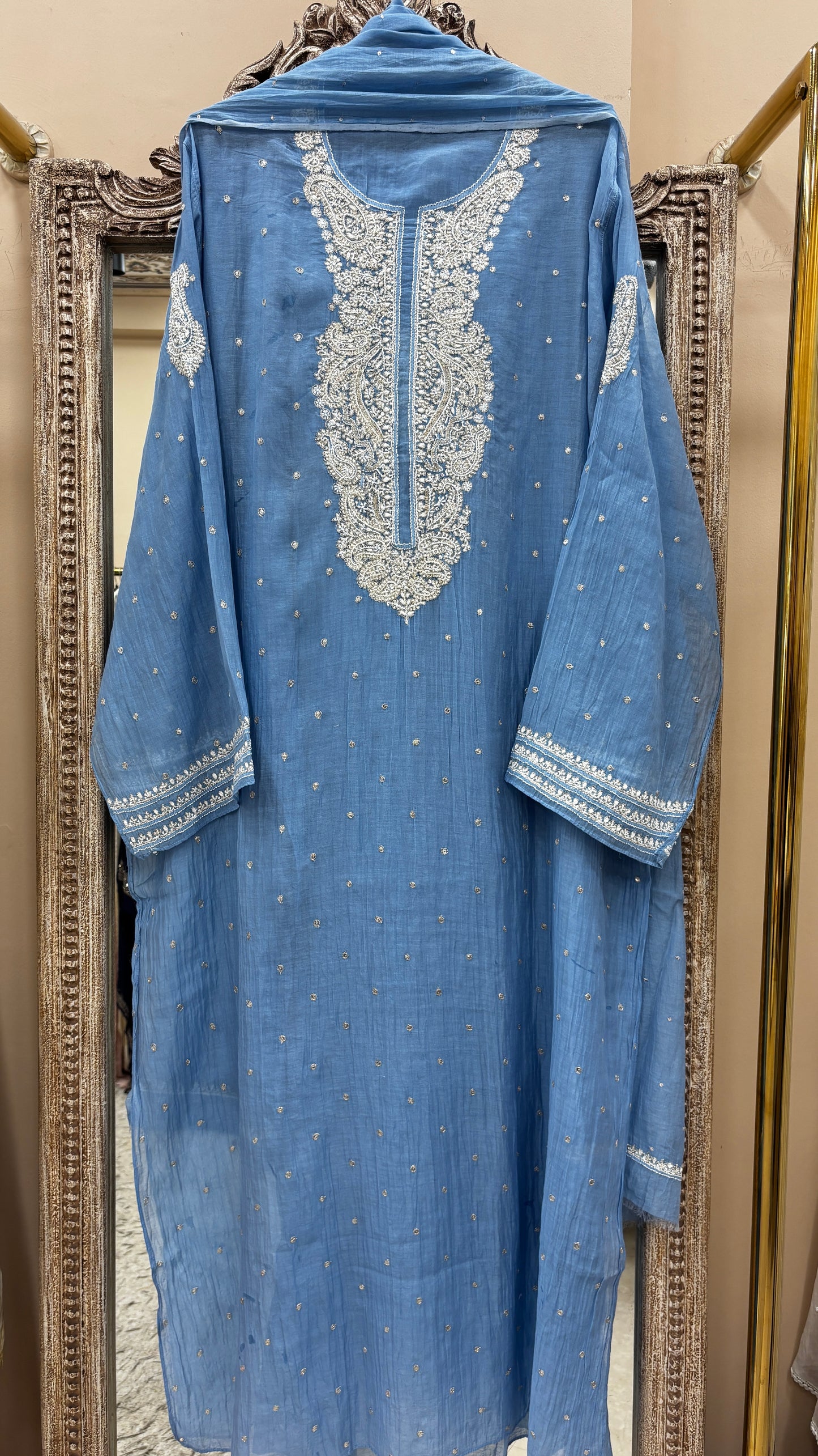 Pure Mulmul Cotton Semistiched Kurta Pearl And Addon Work With Dupatta Blue