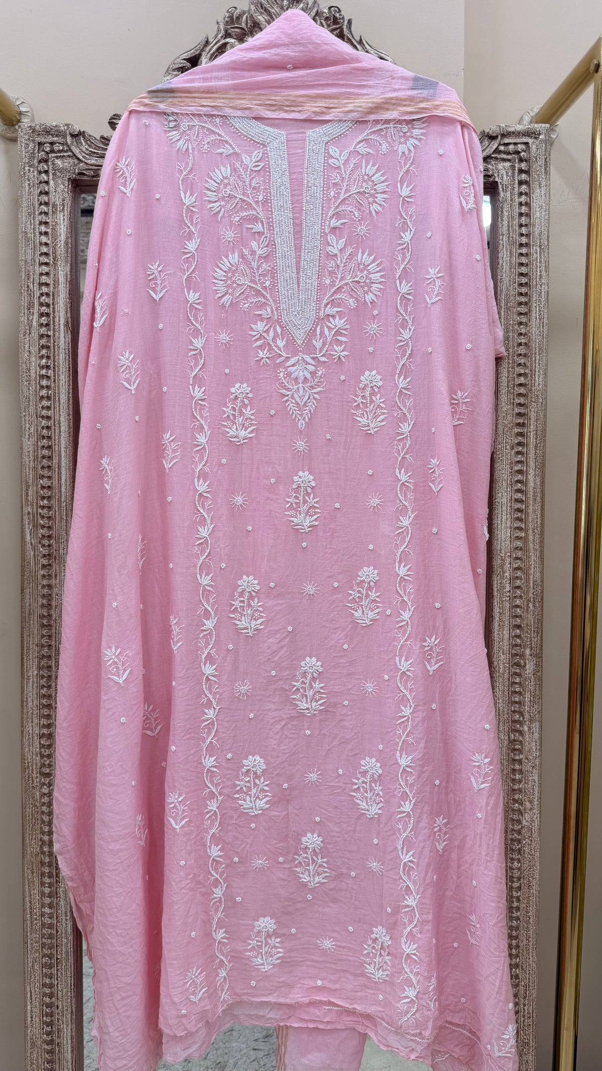 Pure Mulmul Cotton Kurta Pearl And Addon Work With Dupatta Pink