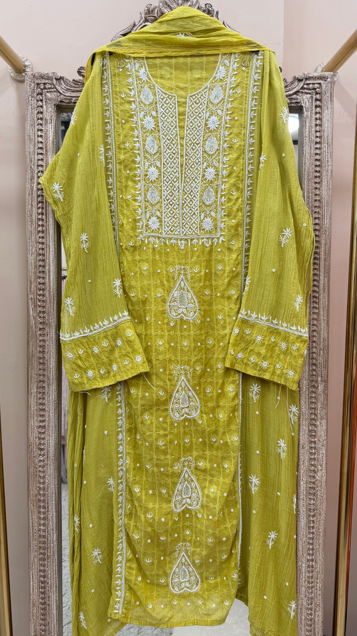 Pure Mulmul Cotton Semistiched Kurta Pearl And Addon Work With Dupatta Green