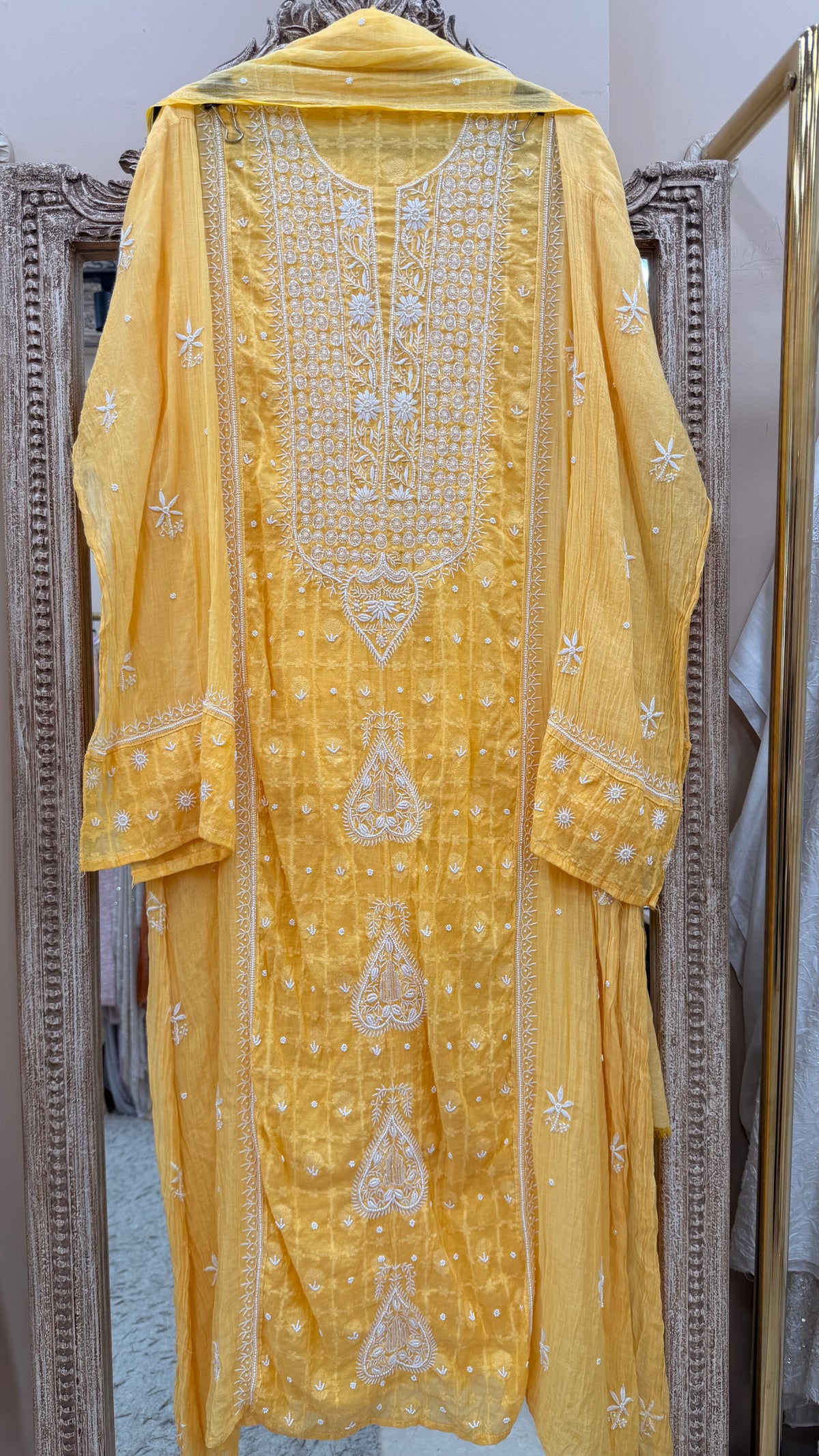 Pure Mulmul Cotton Semistiched Kurta Pearl And Addon Work With Dupatta Yellow