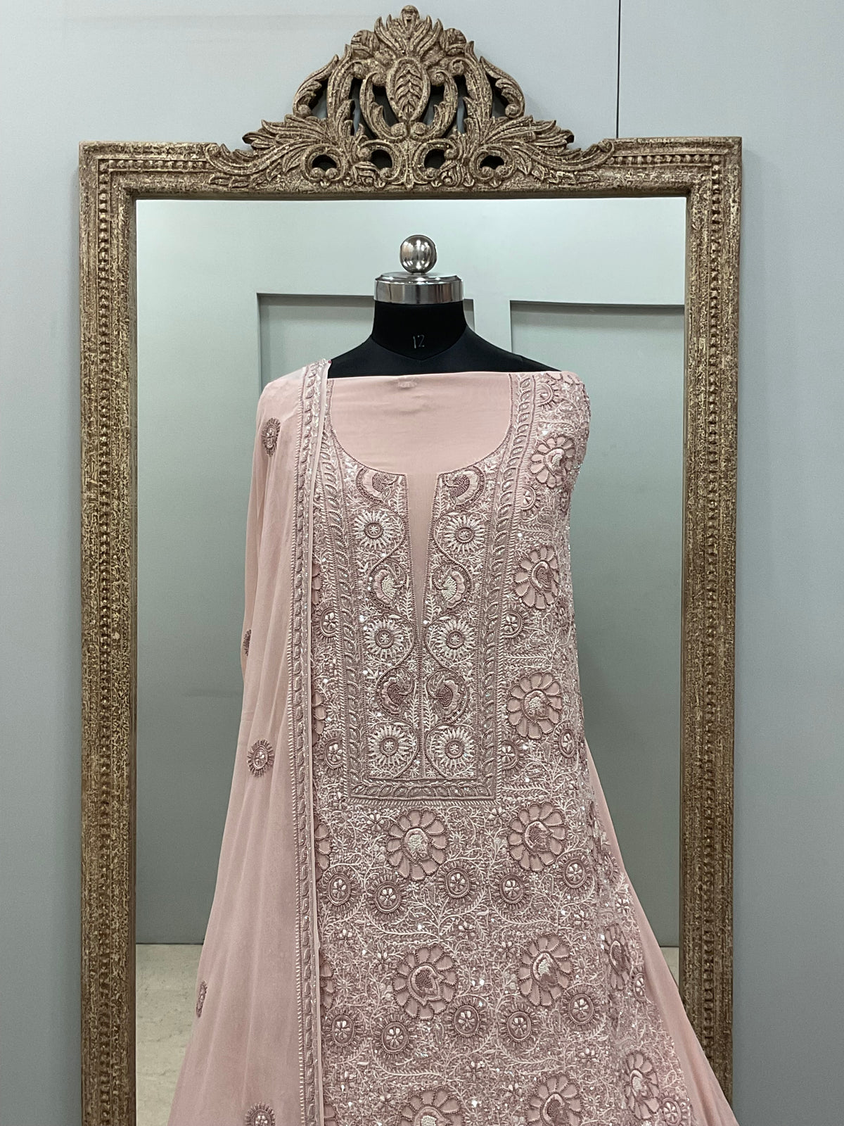 Superfine Pure Georgette Heavy Cutdana Pearl And Sequence Work Designer With Dupatta Beige
